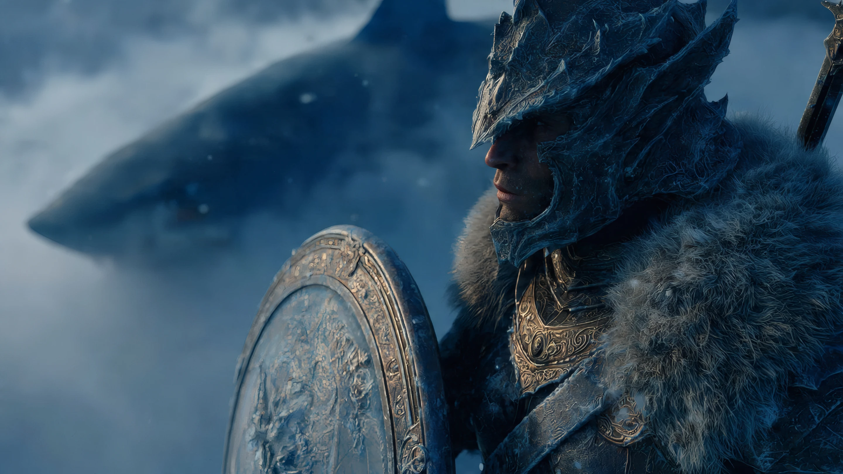 Epic Warrior in Armor with Distant Shark Silhouette