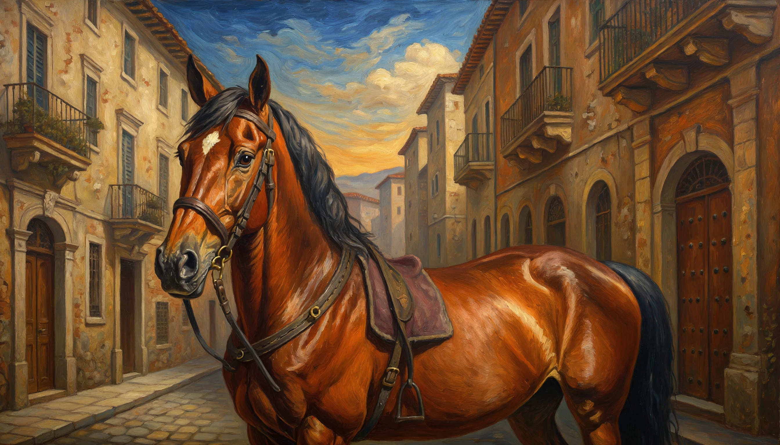 Equestrian Elegance Horse in Tuscan Streetscape Art wallpaper 2688x1536