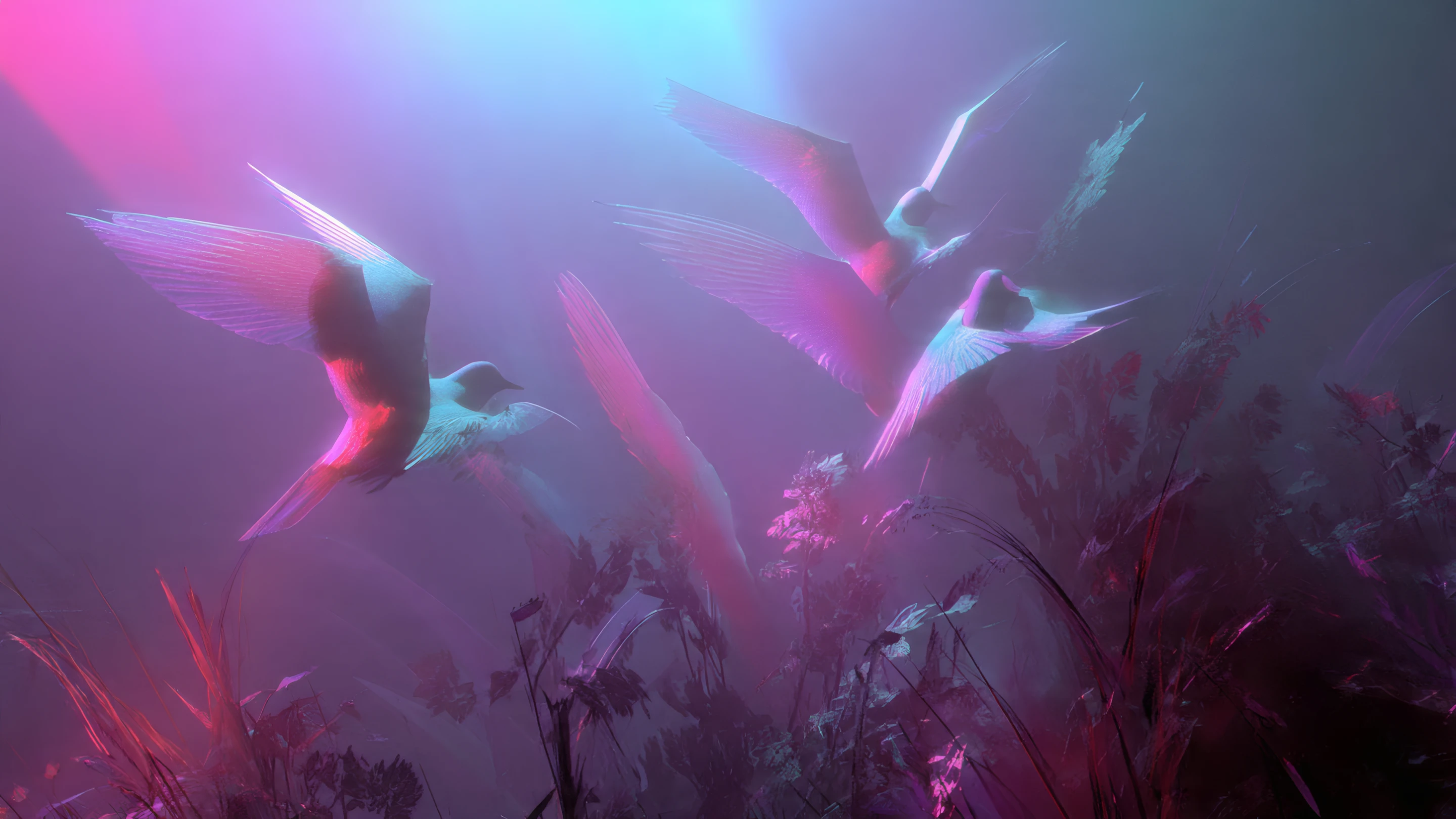 Ethereal Birds Soaring in Neon Mist