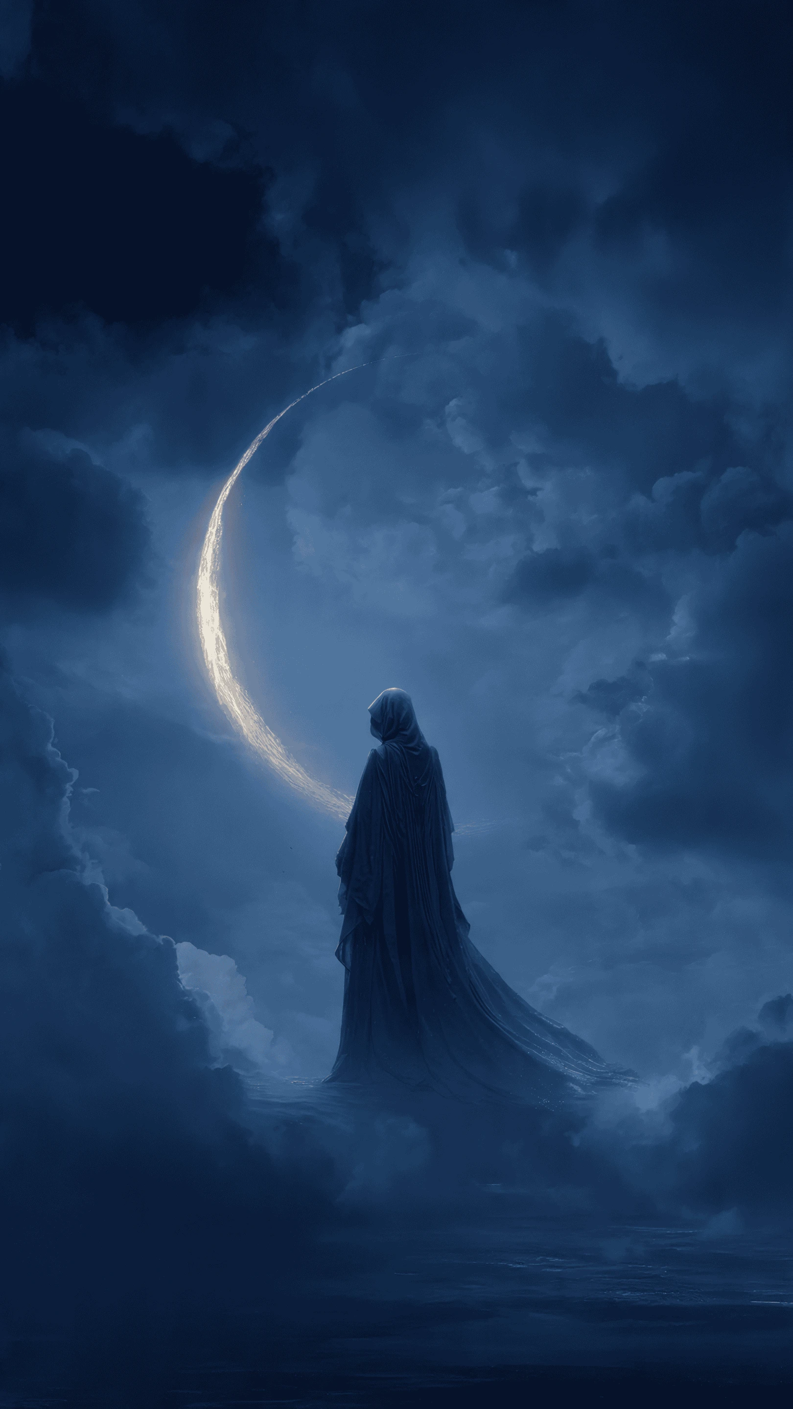 Ethereal Cloaked Figure Gazing at Luminous Moon