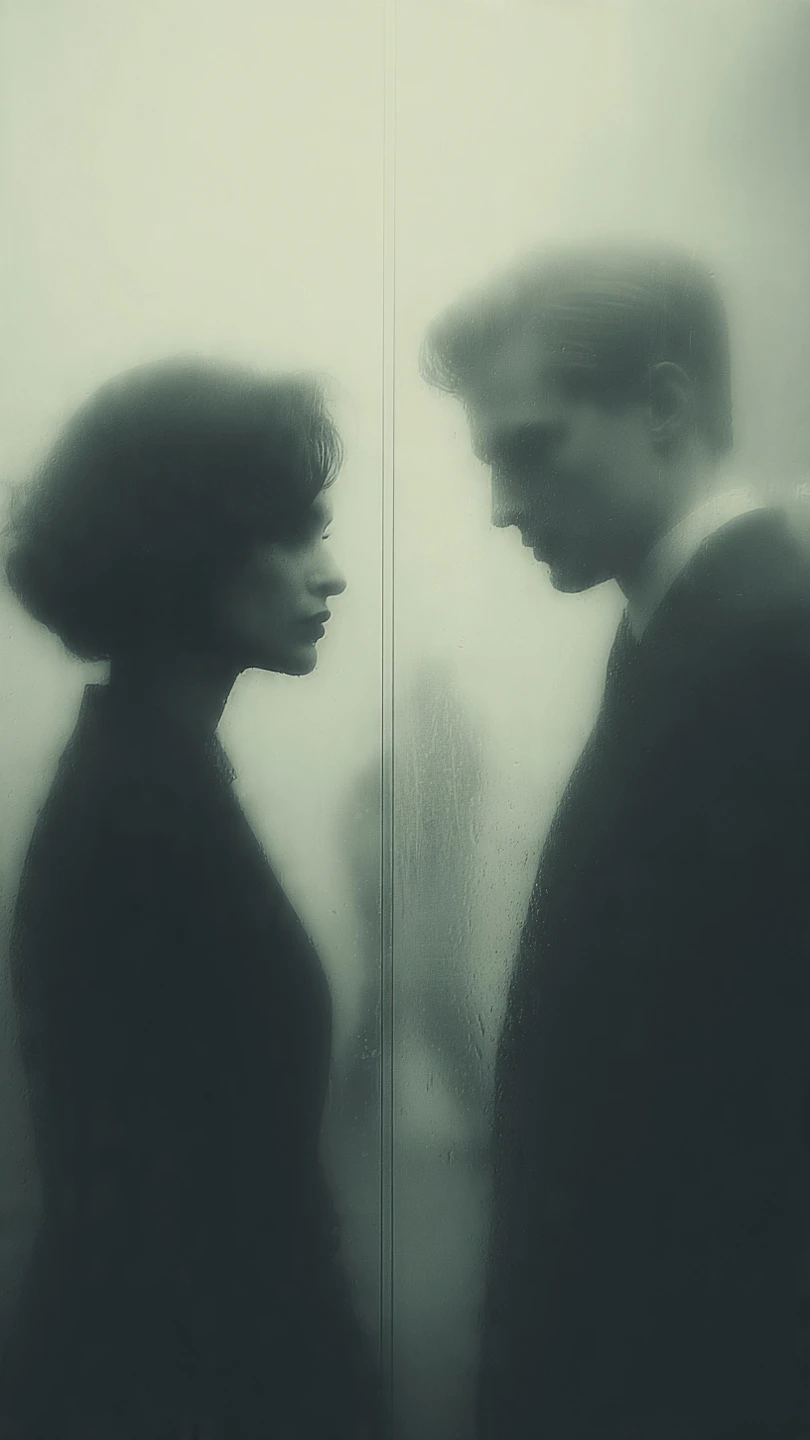 Ethereal Couple Gazing Through Foggy Glass Panel