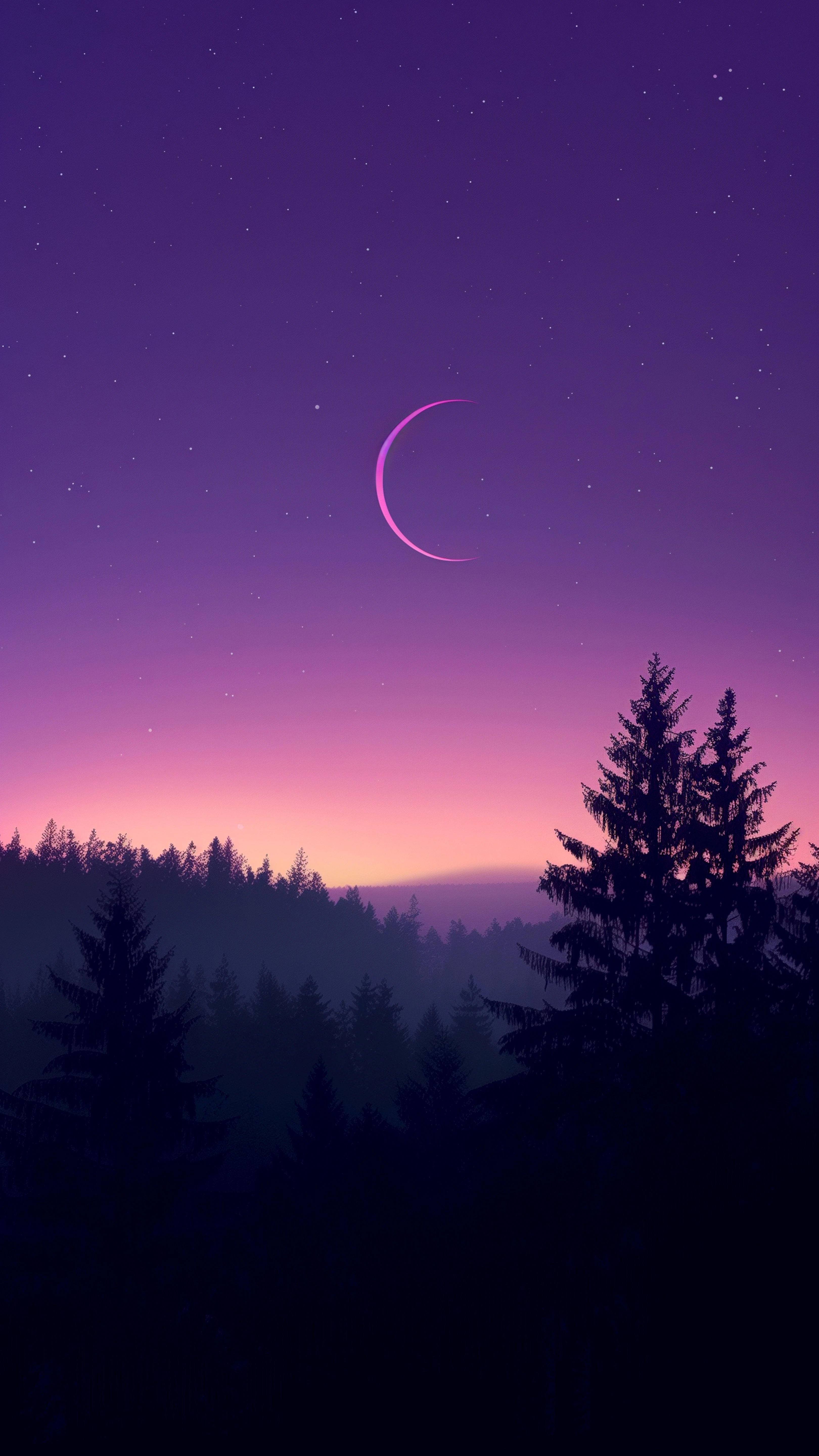 Ethereal Crescent Moon over Misty Evergreen Forest
