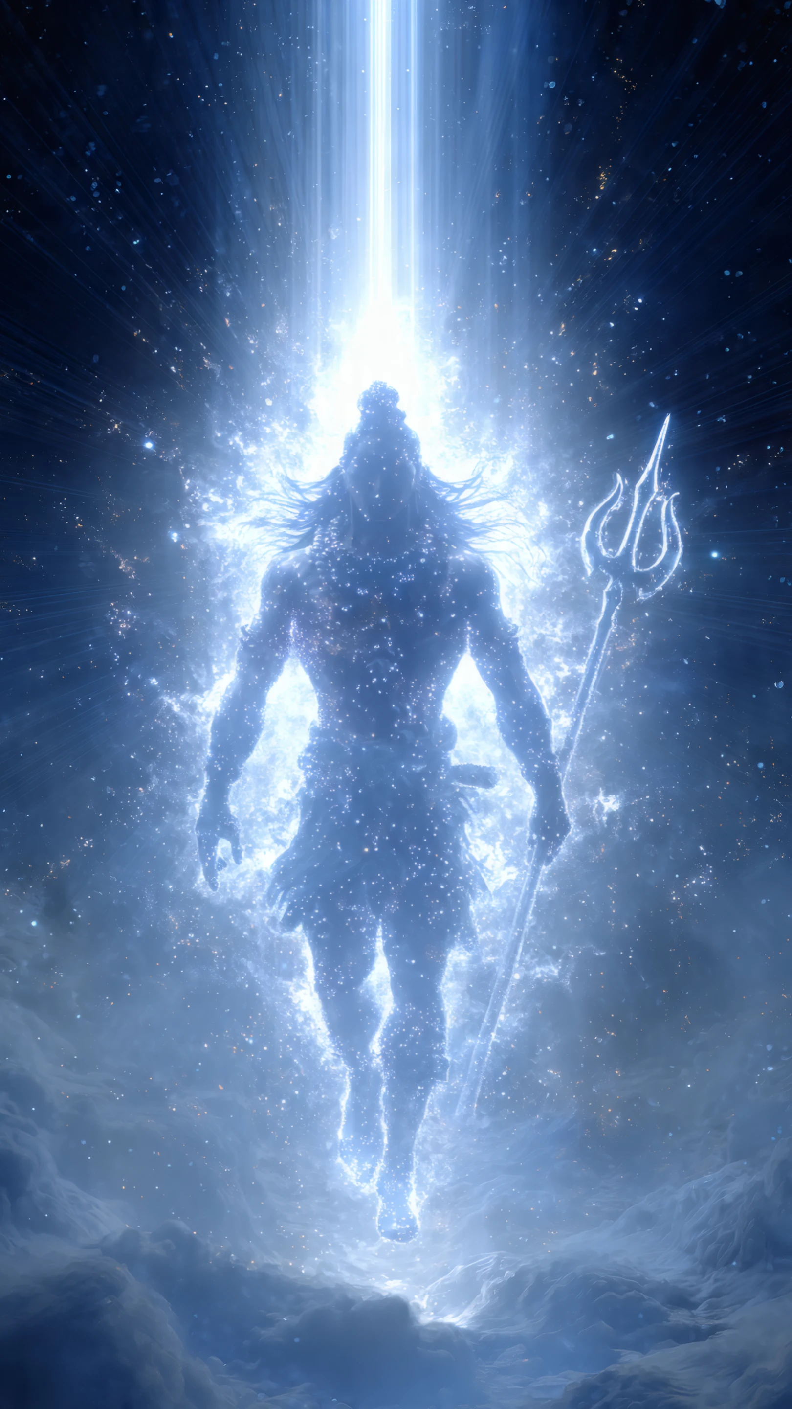 Ethereal Deity with Trident in Cosmic Blue Light
