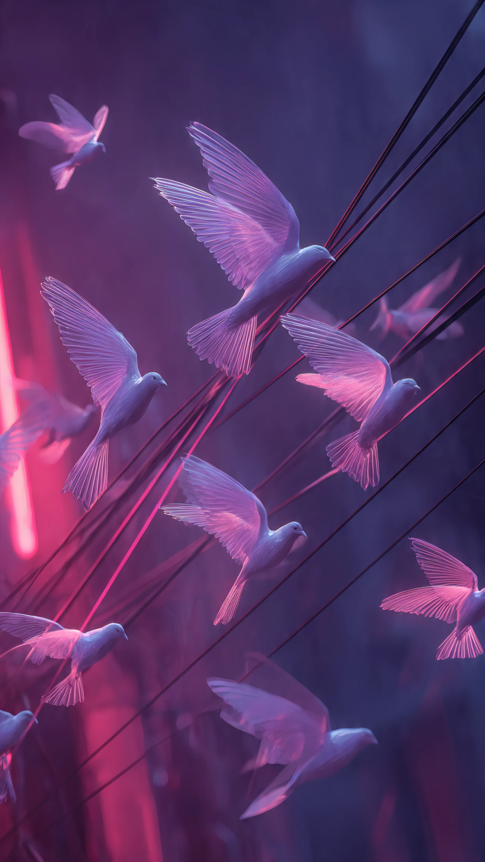 Ethereal Doves Soaring in Neon Pink Haze
