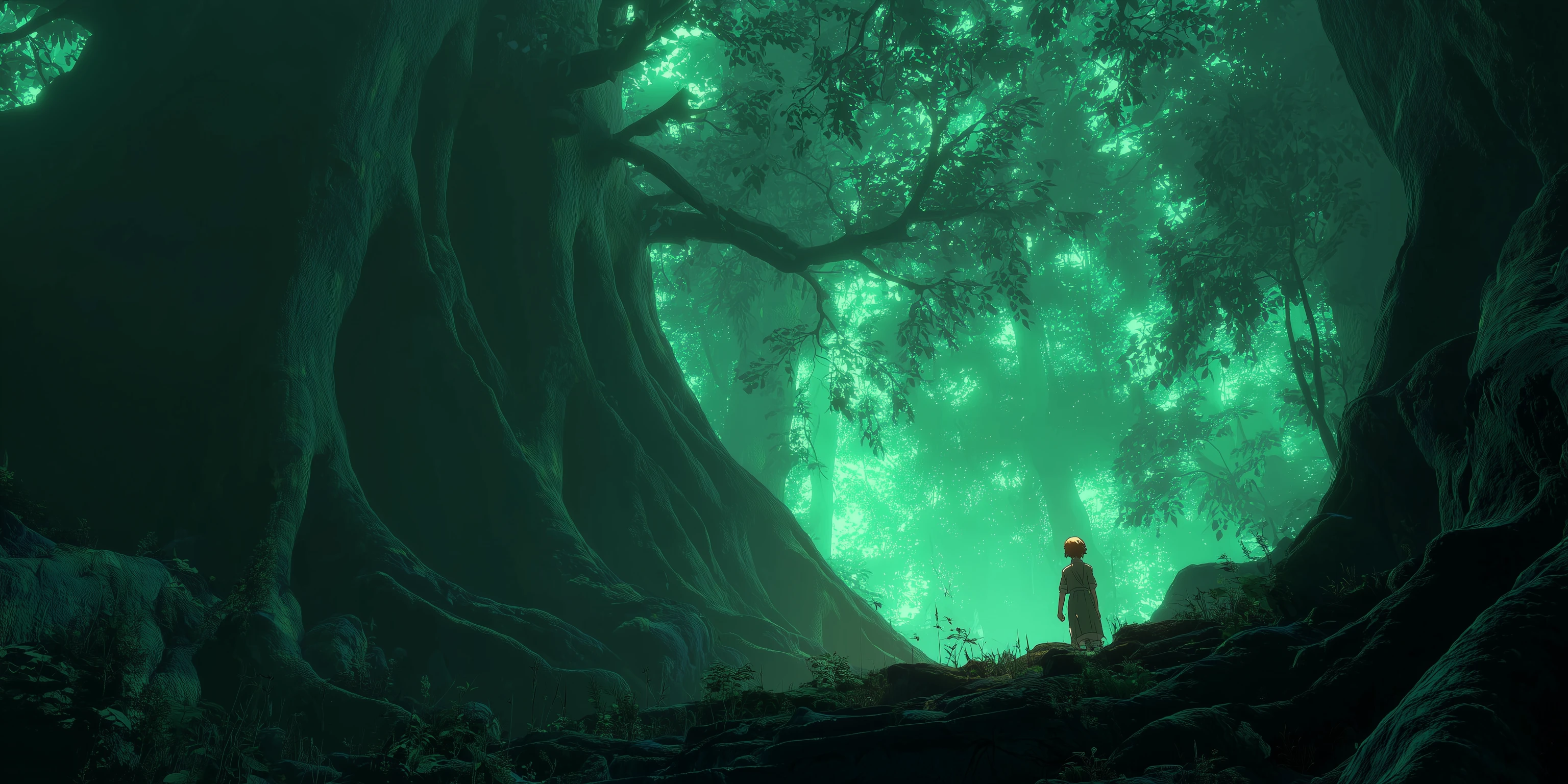 Ethereal Figure in a Mystical Emerald Forest Scene