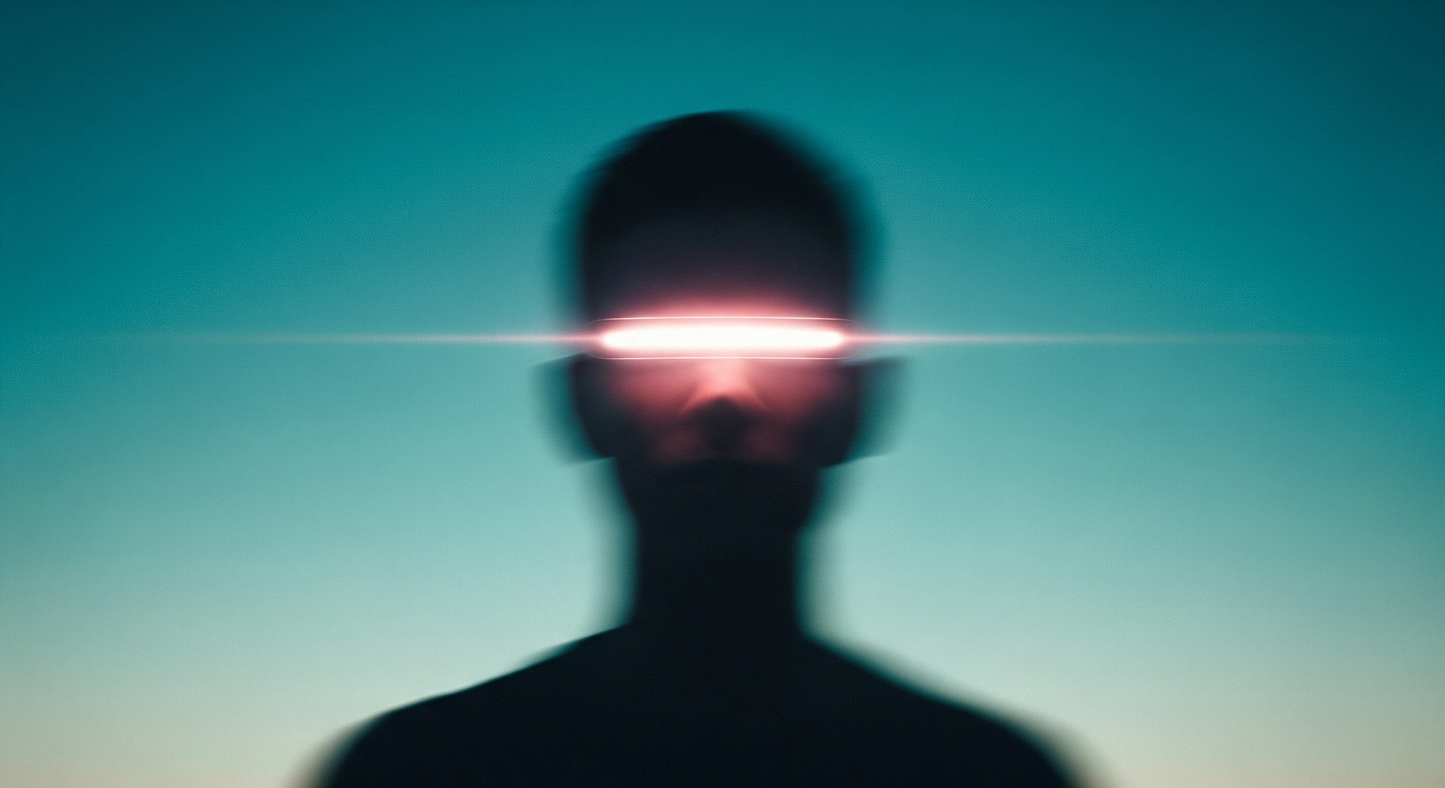 Ethereal Figure with Luminous Visor on Teal Horizon