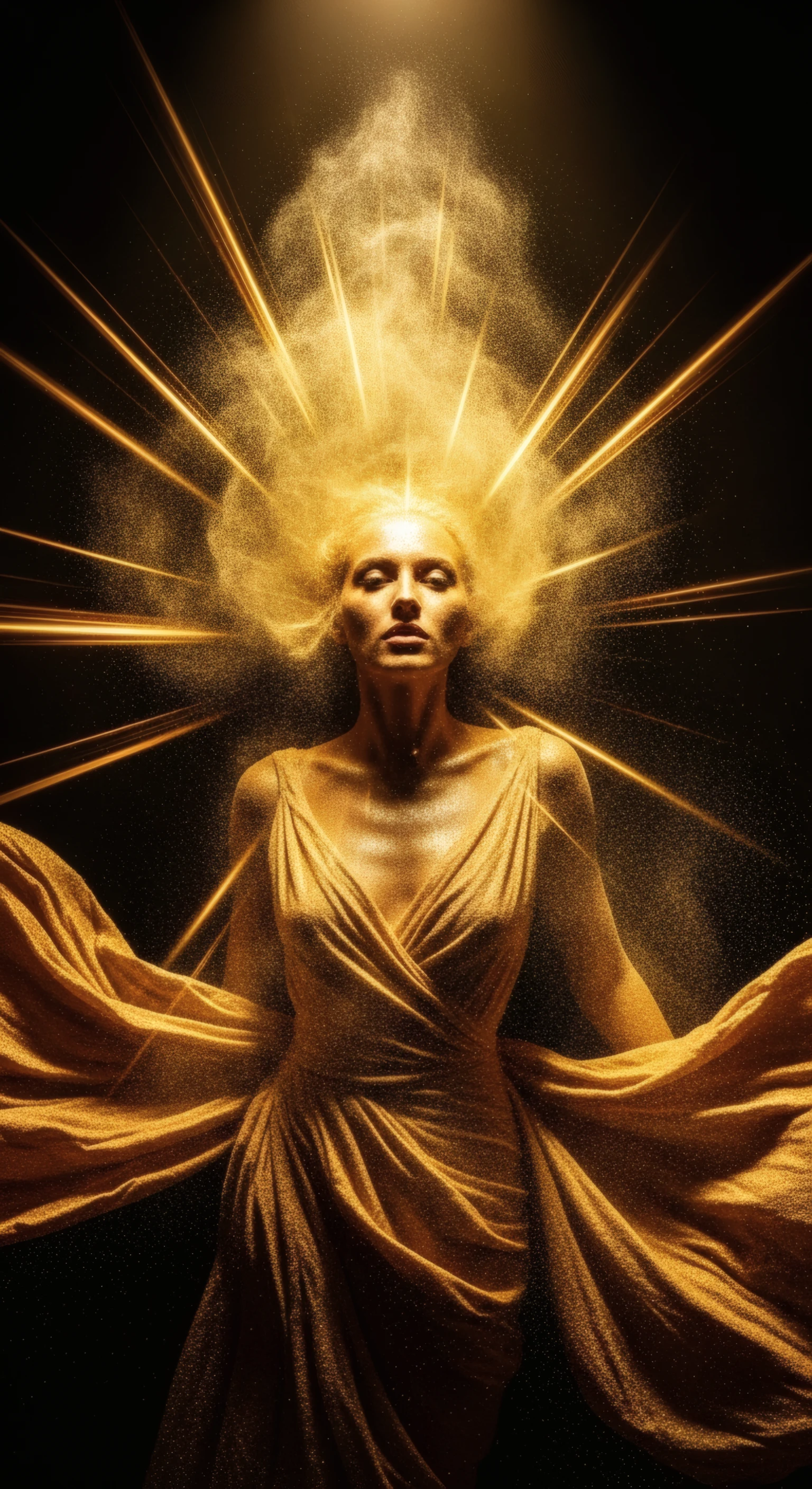 Ethereal Golden Woman with Radiant Light Beams