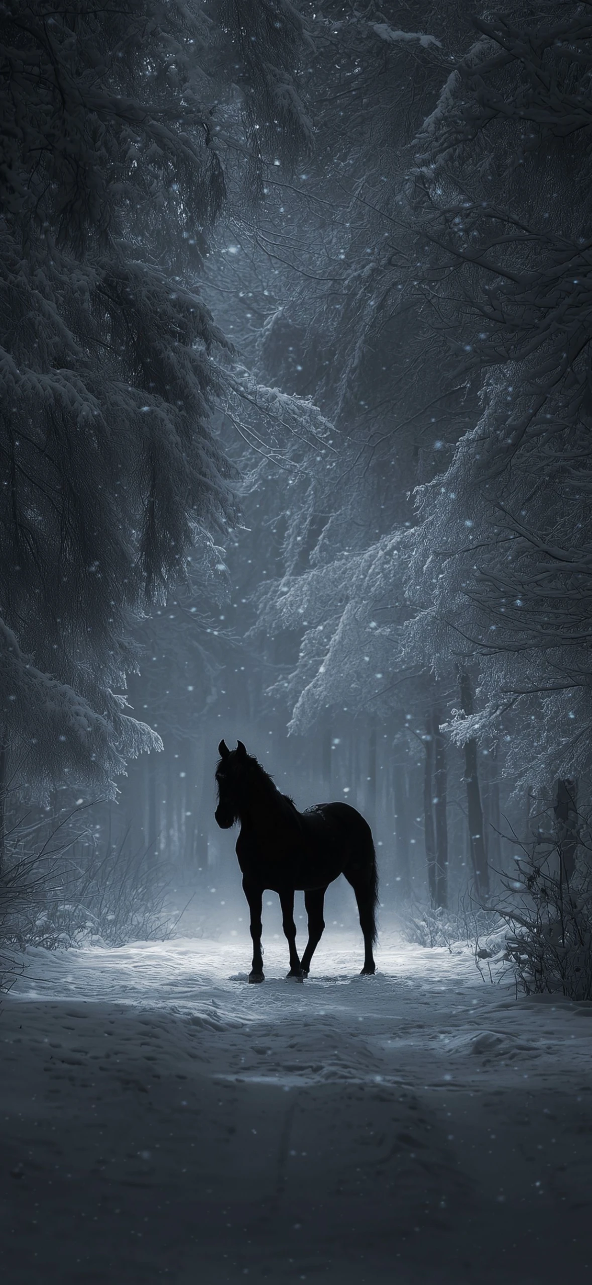 Ethereal Horse Silhouette in Winter Forest Scene