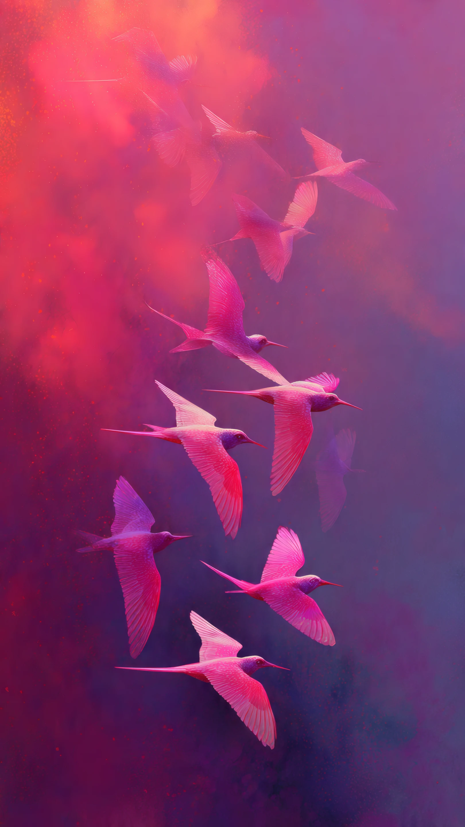 Ethereal Pink Birds Ascending in Dreamy Hues