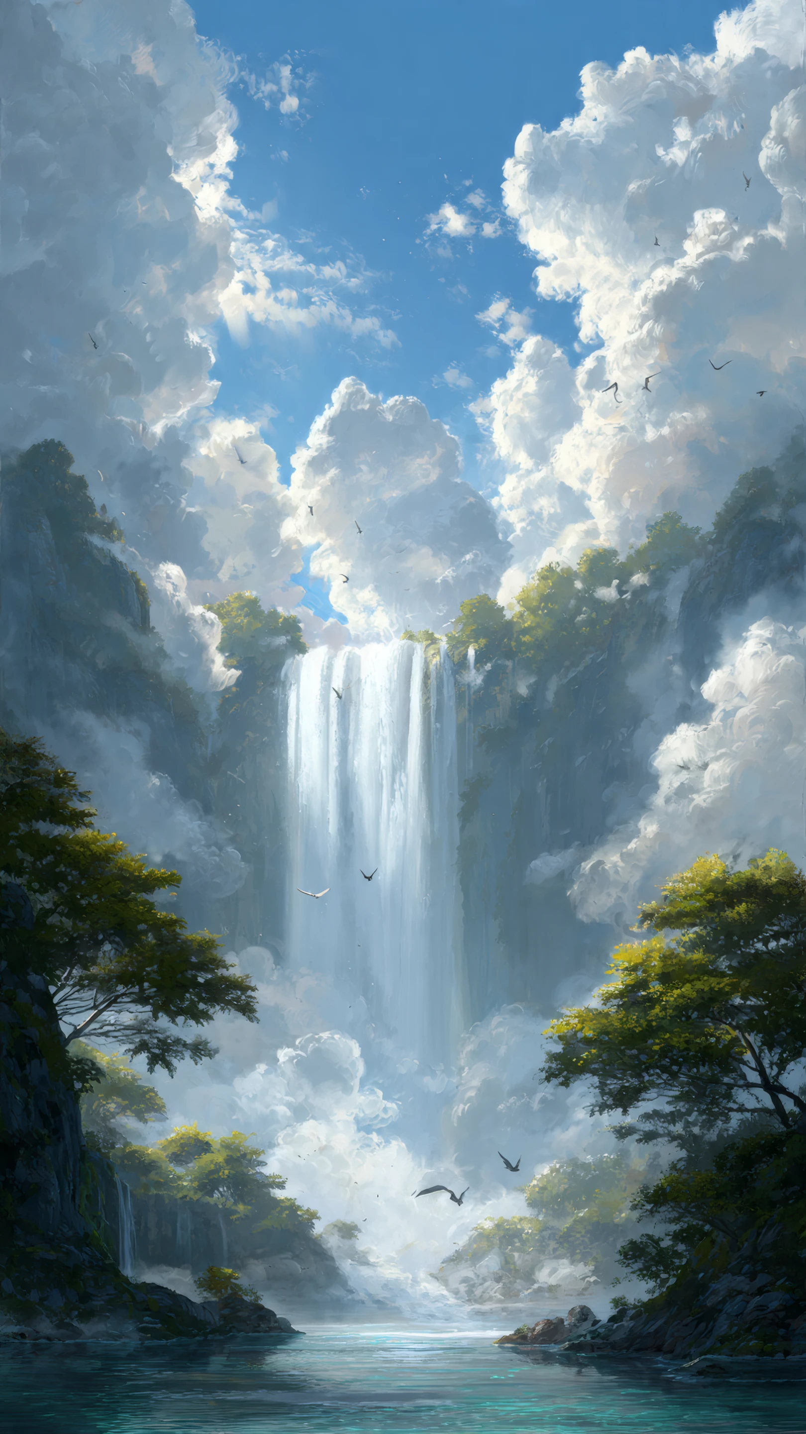 Ethereal Waterfall Scene with Towering Clouds