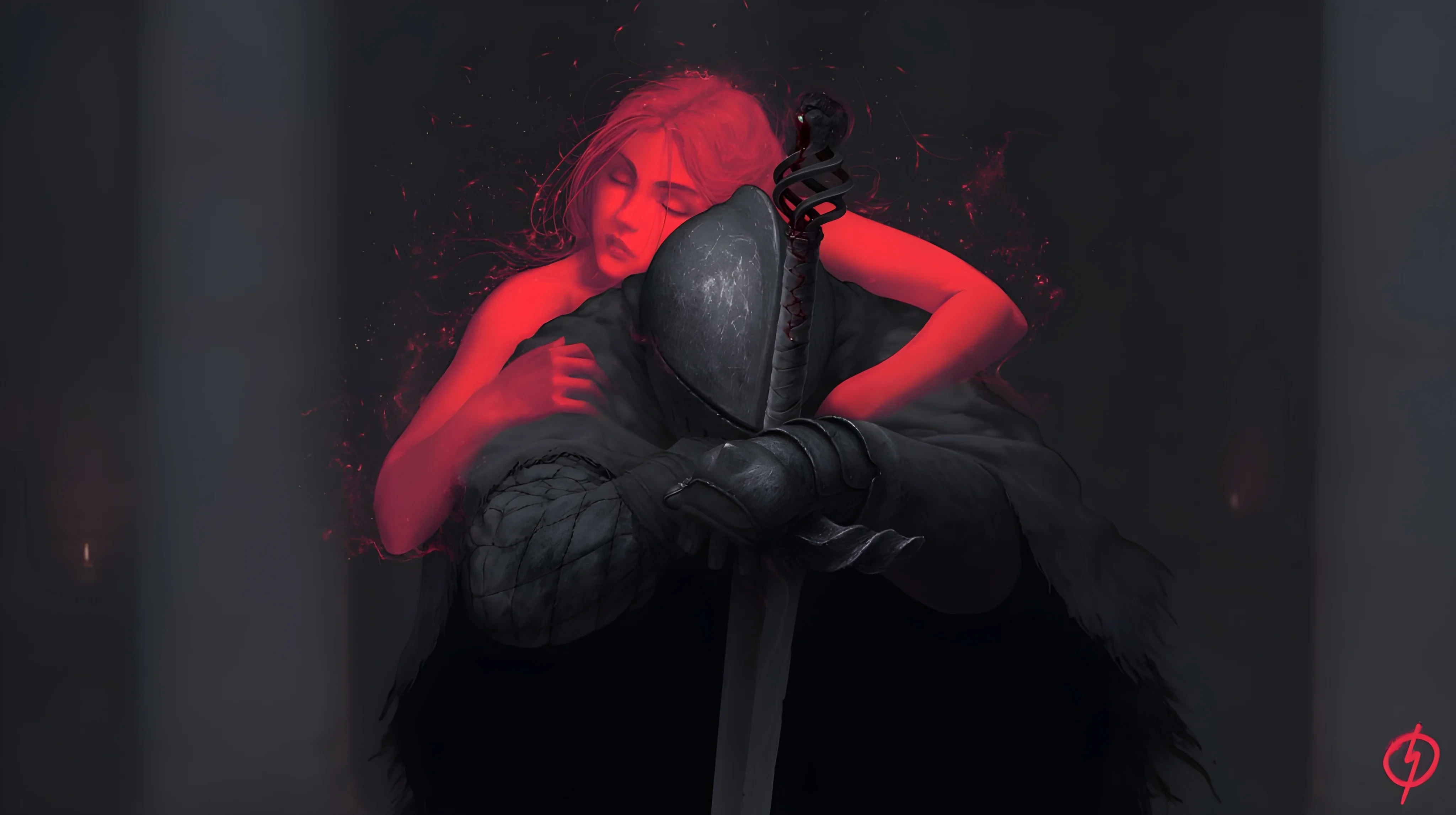Ethereal Woman Embracing Weary Knight in Crimson Light Wallp