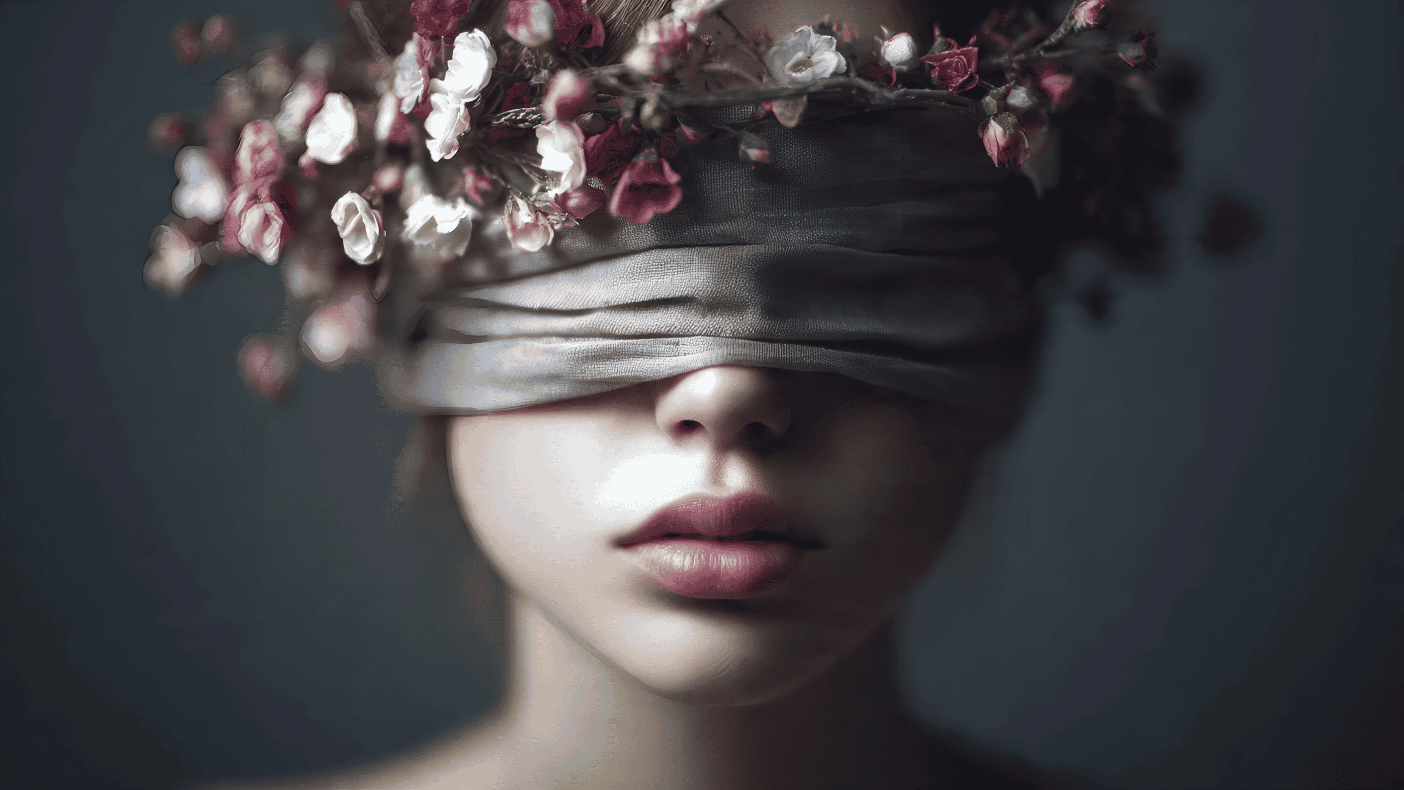 Ethereal Woman with Flowers and Blindfold Portrait