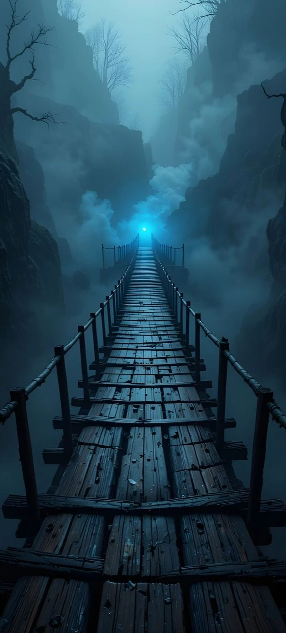 Ethereal Wooden Bridge Through Misty Canyon 4k