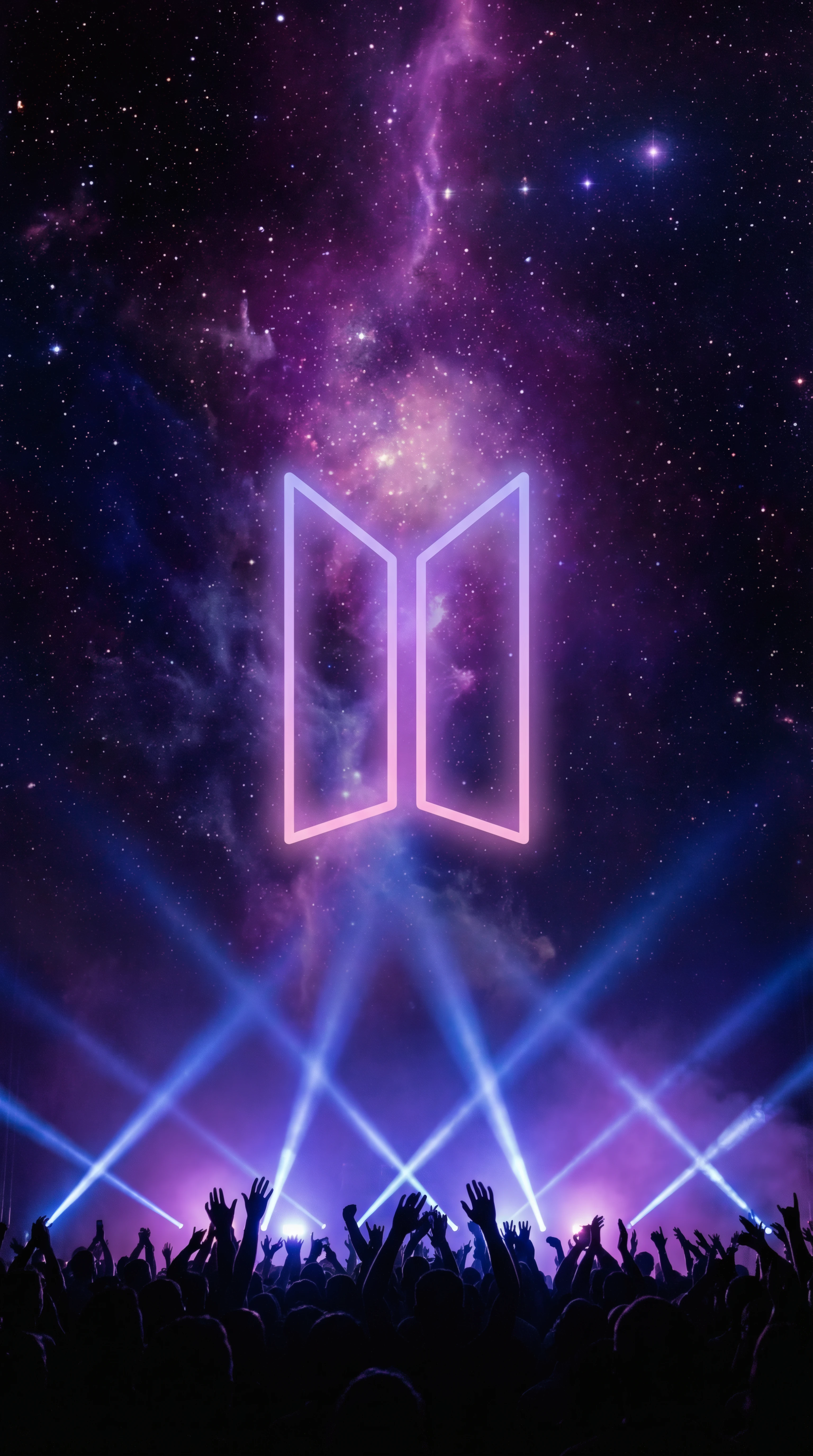 Excited Crowd at Concert with Neon Logo and Galaxy Sky