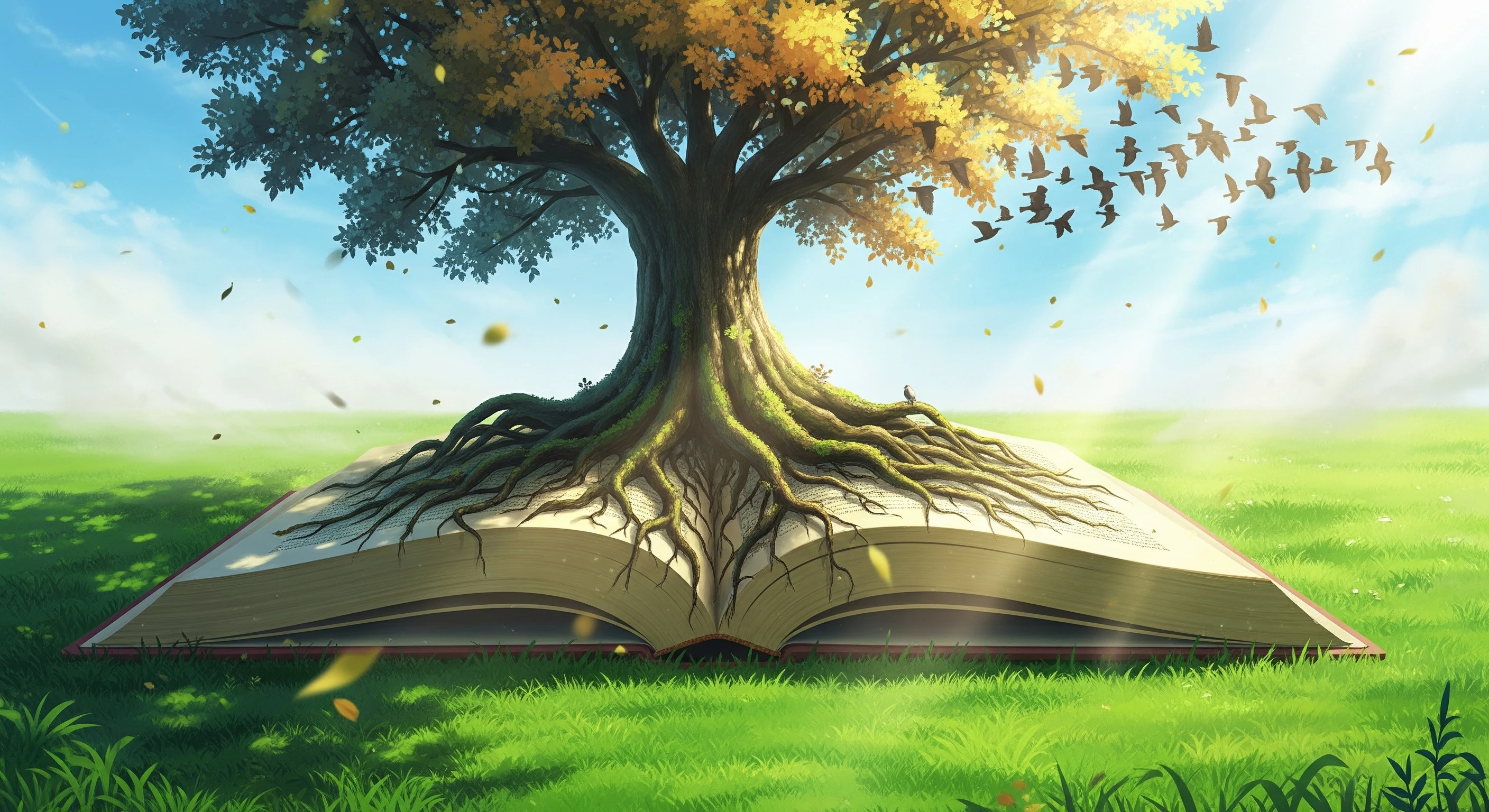 Fantasy Tree of Knowledge Growing from Book in Meadow