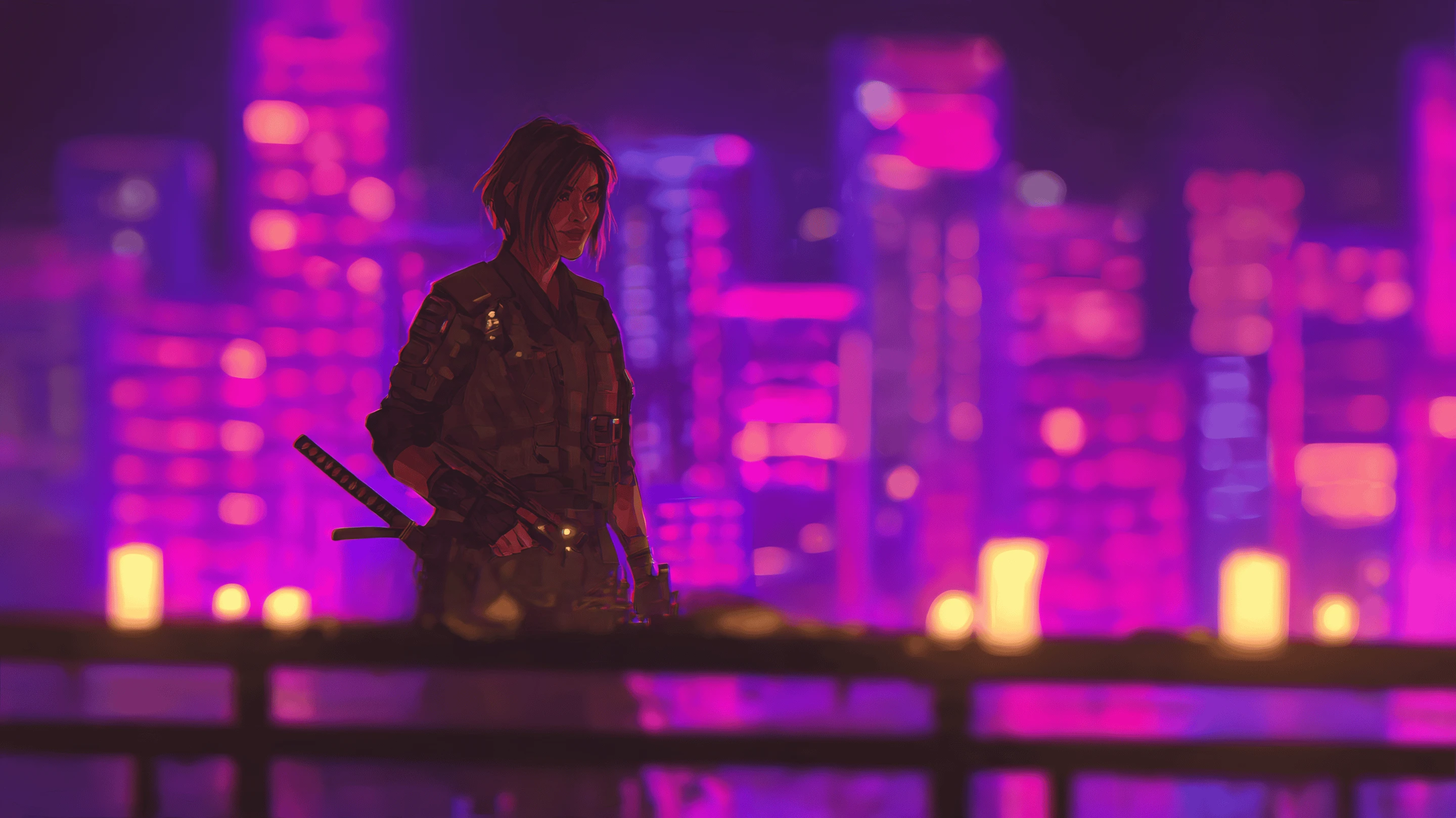 Female Soldier with Katana Against Neon Cityscape