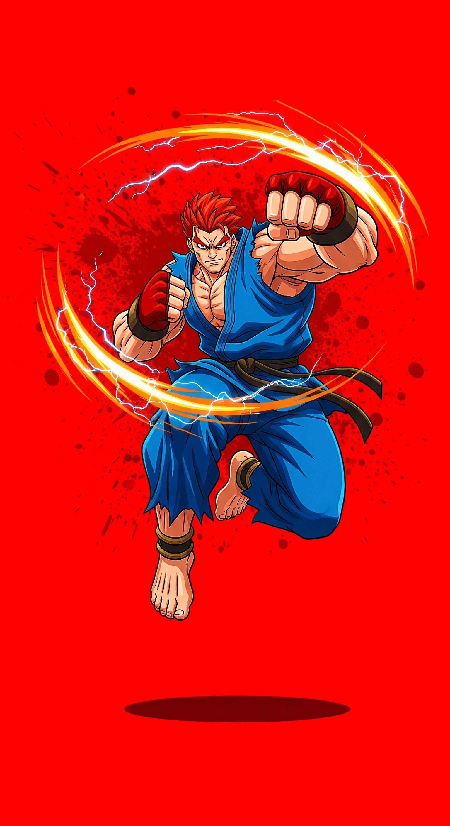 Fierce Anime Fighter with Fiery Aura on Crimson