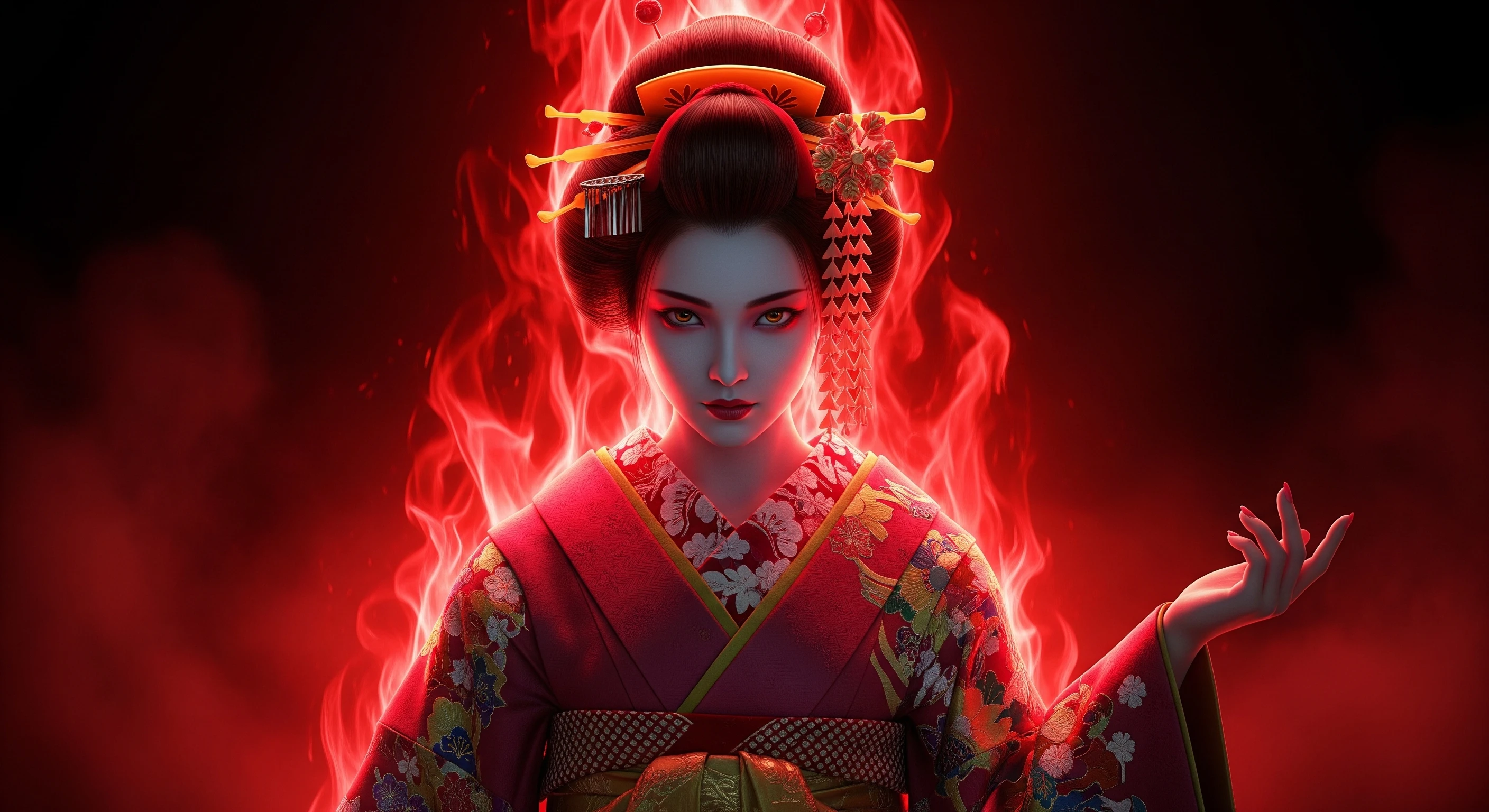 Fiery Geisha Portrait with Intense Red Aura