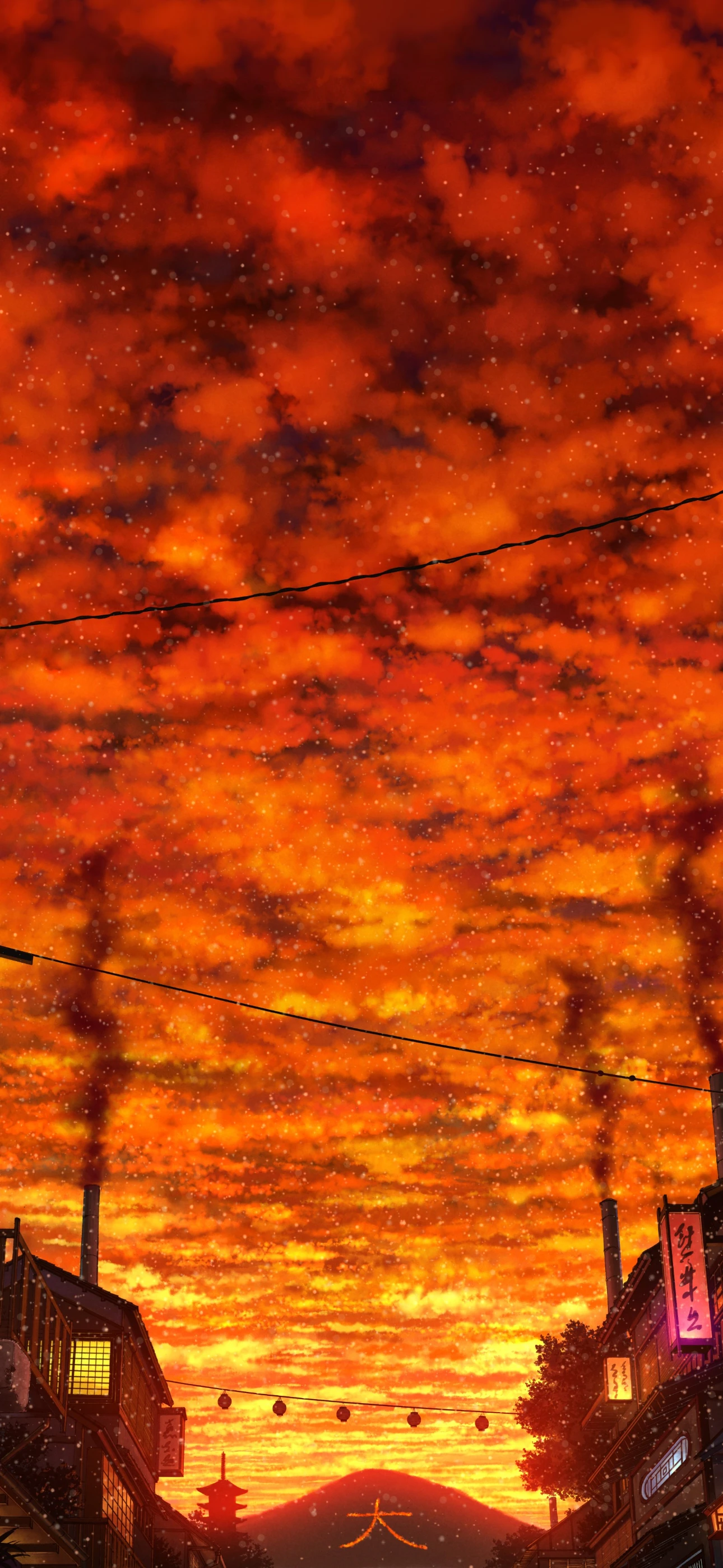 Fiery Sunset over Japanese Town Anime Style