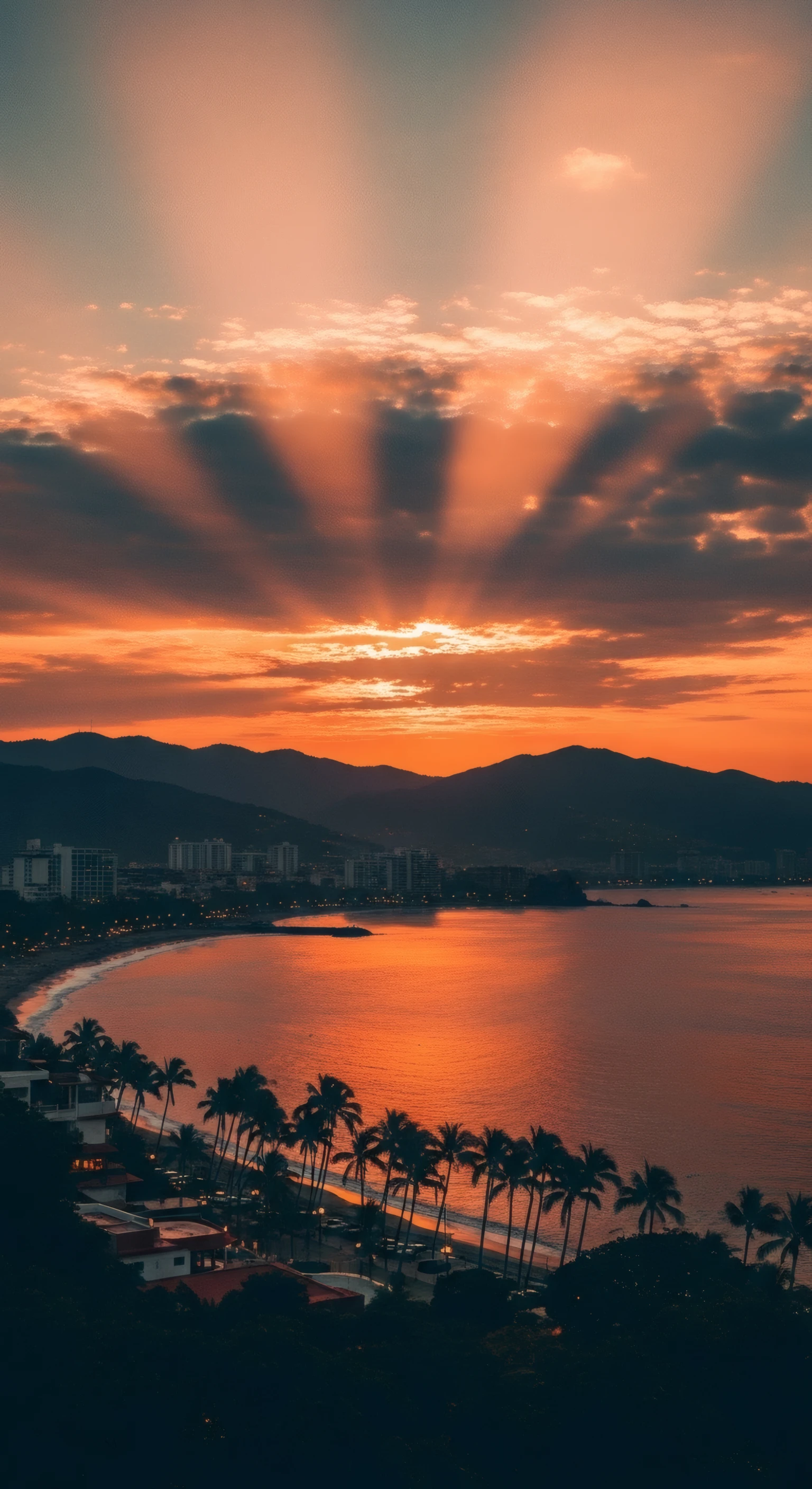 Fiery Sunset Rays over Tropical Beach Cityscape