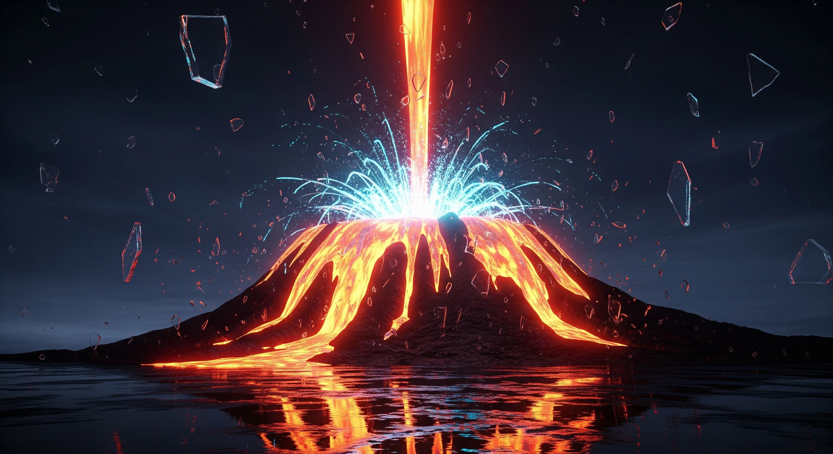 Fiery Volcano Eruption with Electric Blue Sparks