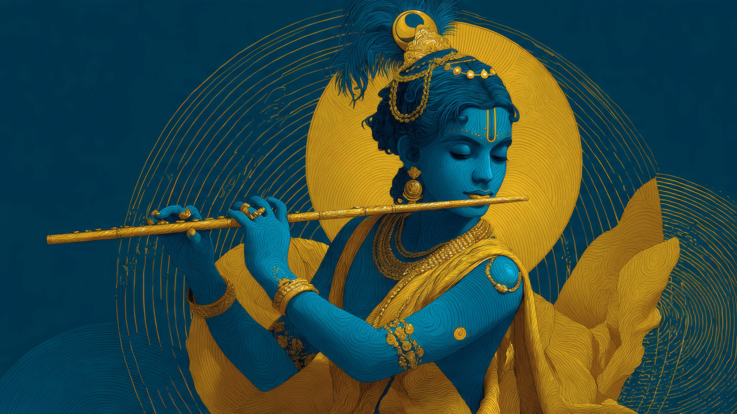 Figure in Blue and Gold Playing Flute Against Circular Backd
