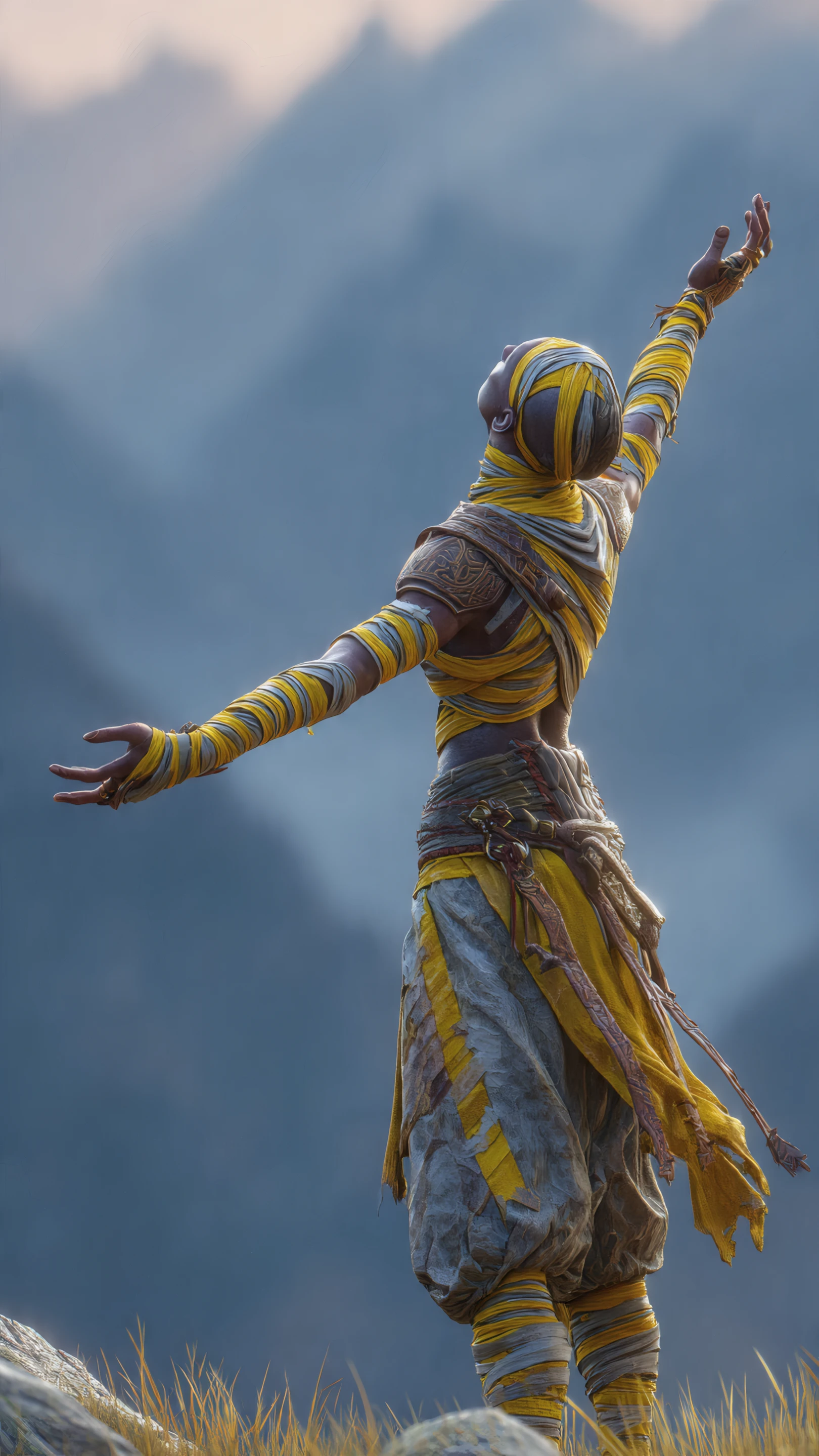 Figure in Yellow Wraps Reaching Towards the Sky