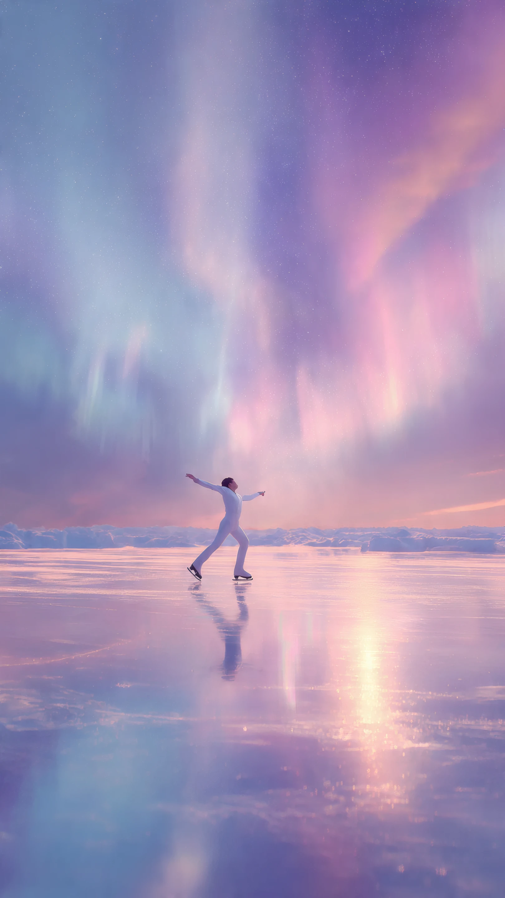 Figure Skater Silhouetted Against Pastel Aurora Sky