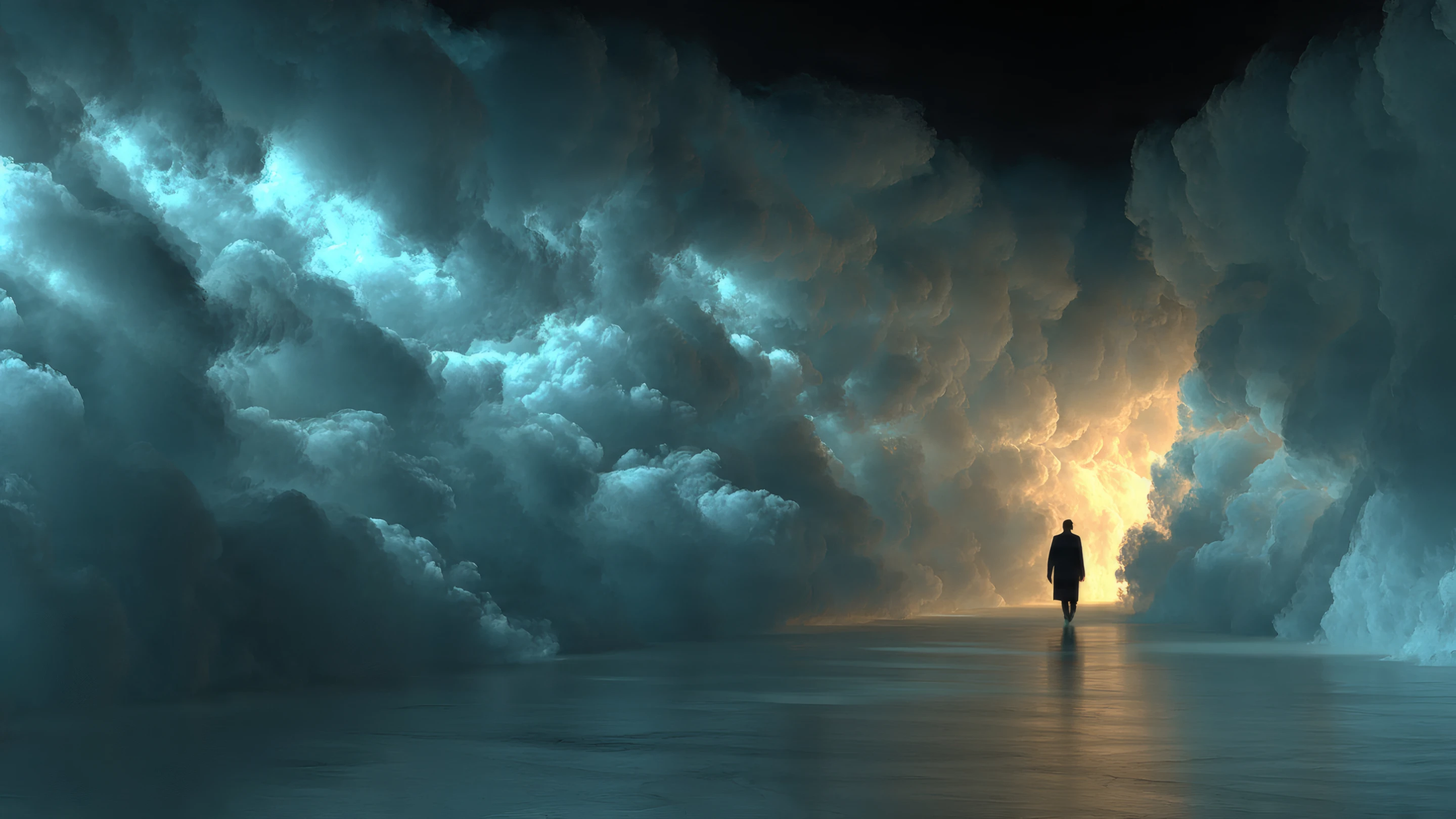 Figure Walking Toward Light in Dramatic Cloudscape