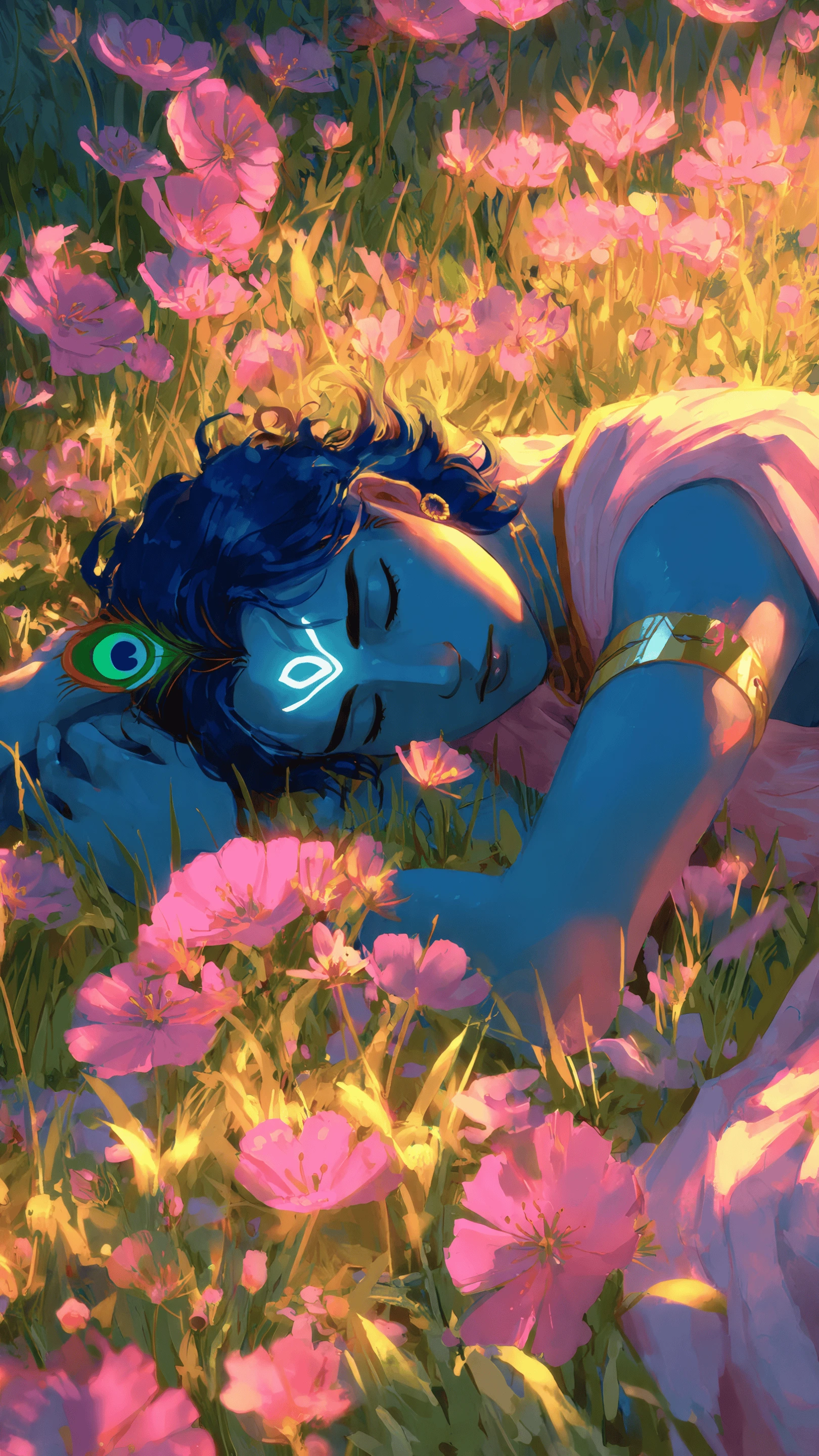 Figure with Peacock Feather Resting in Pink Flowers