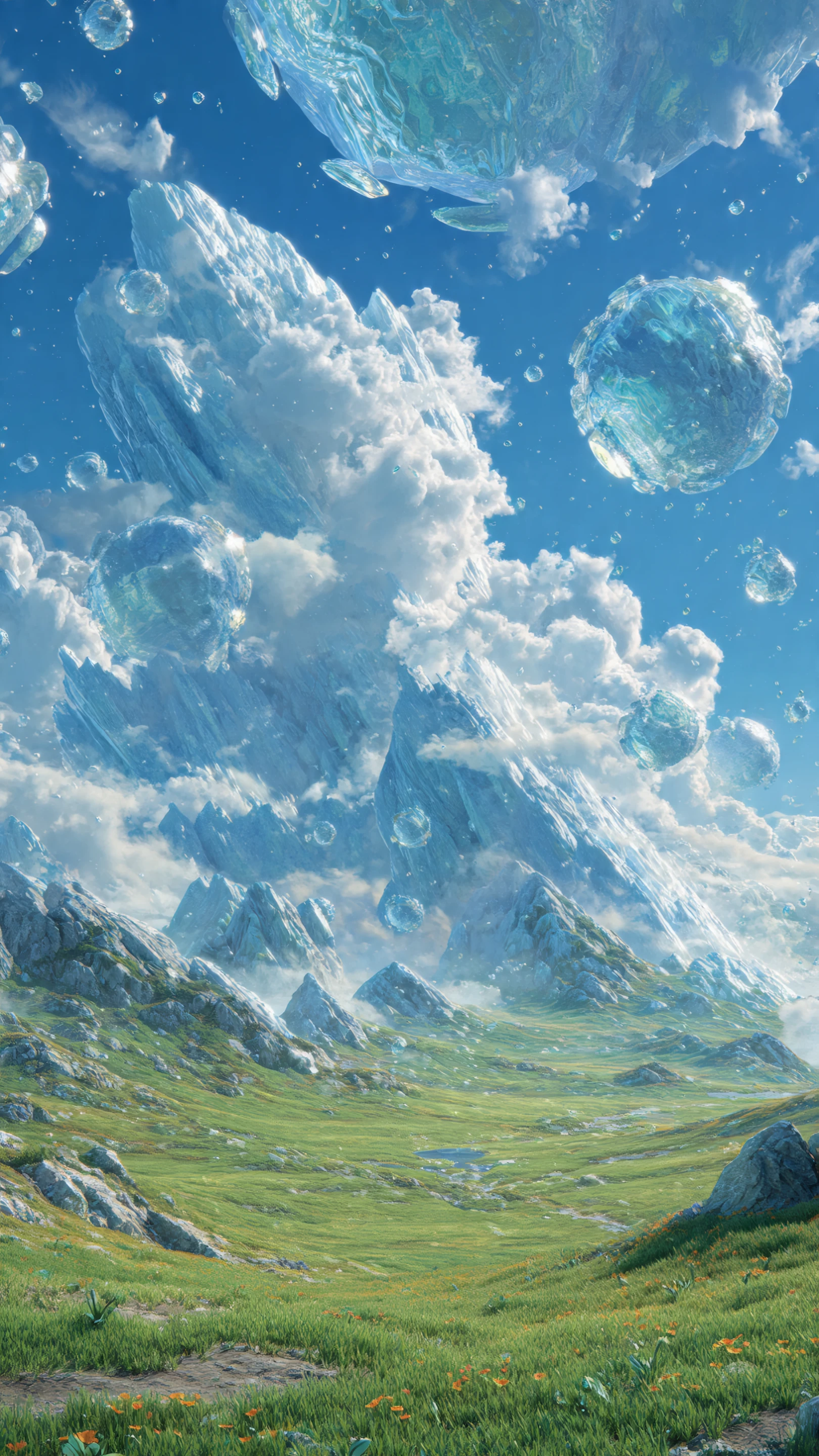 Floating Ice Mountains Above Green Meadow