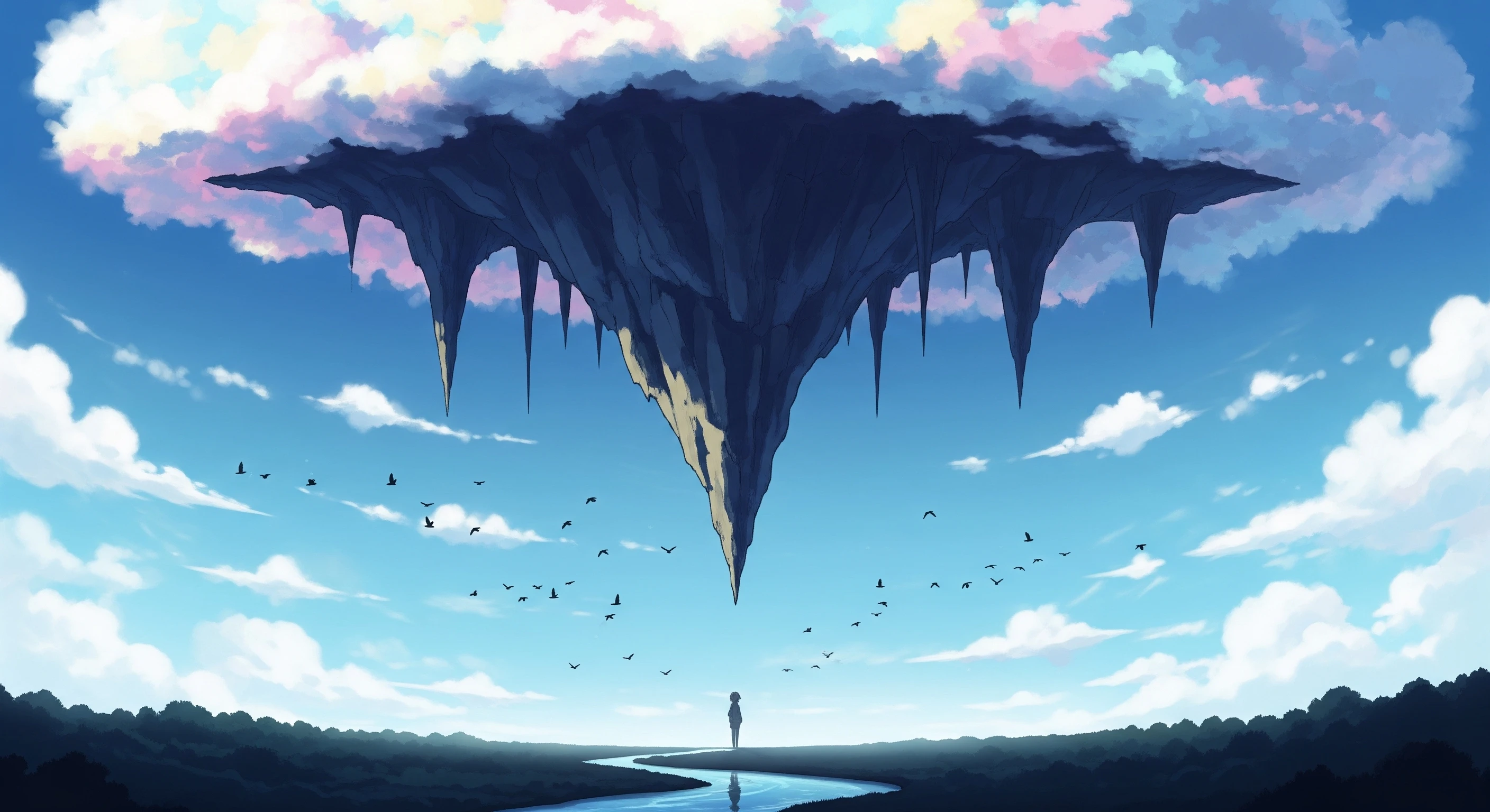 Floating Island Landscape with Person and River