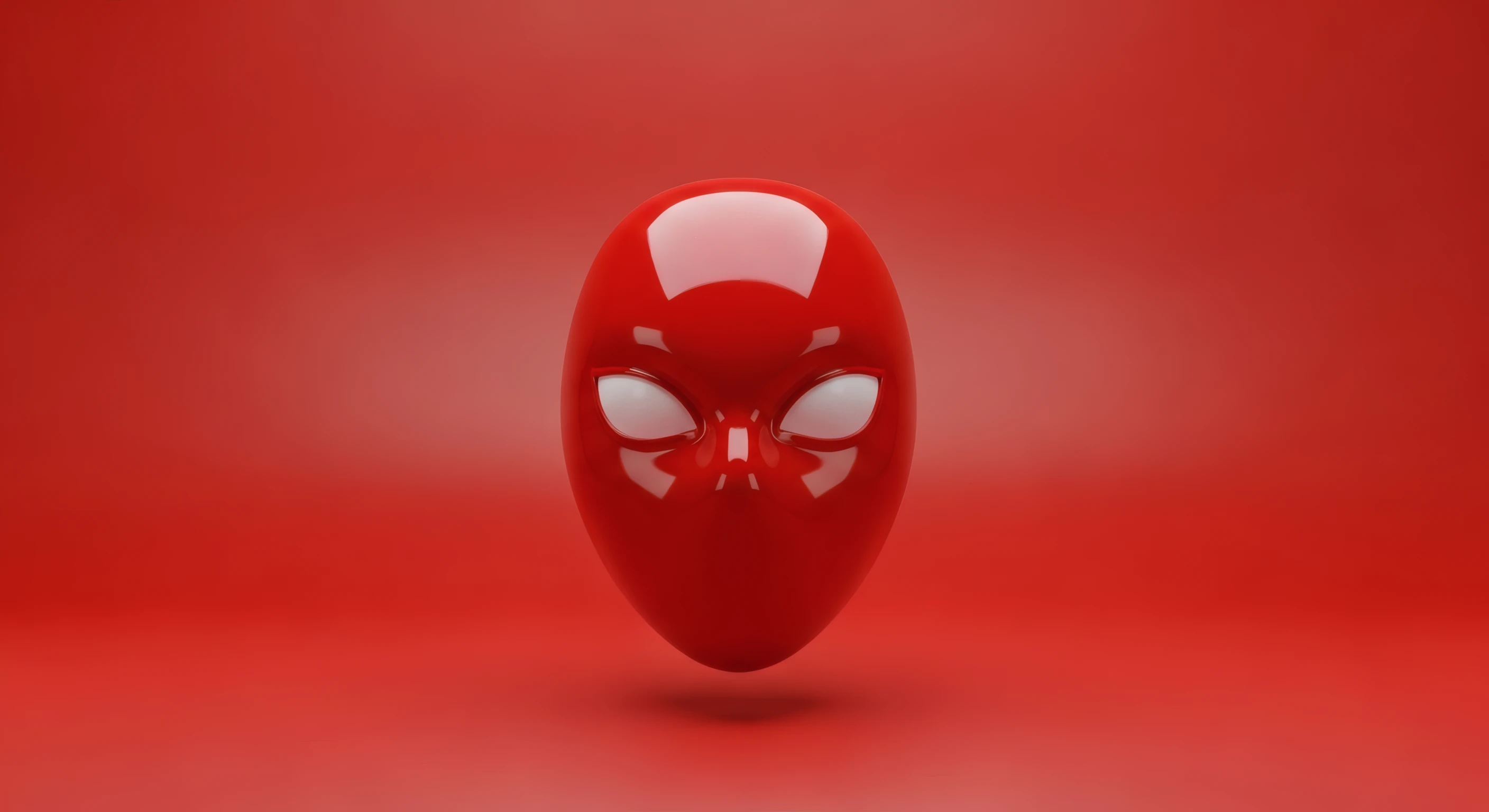 Floating Red Mask with White Eyes on Red Backdrop