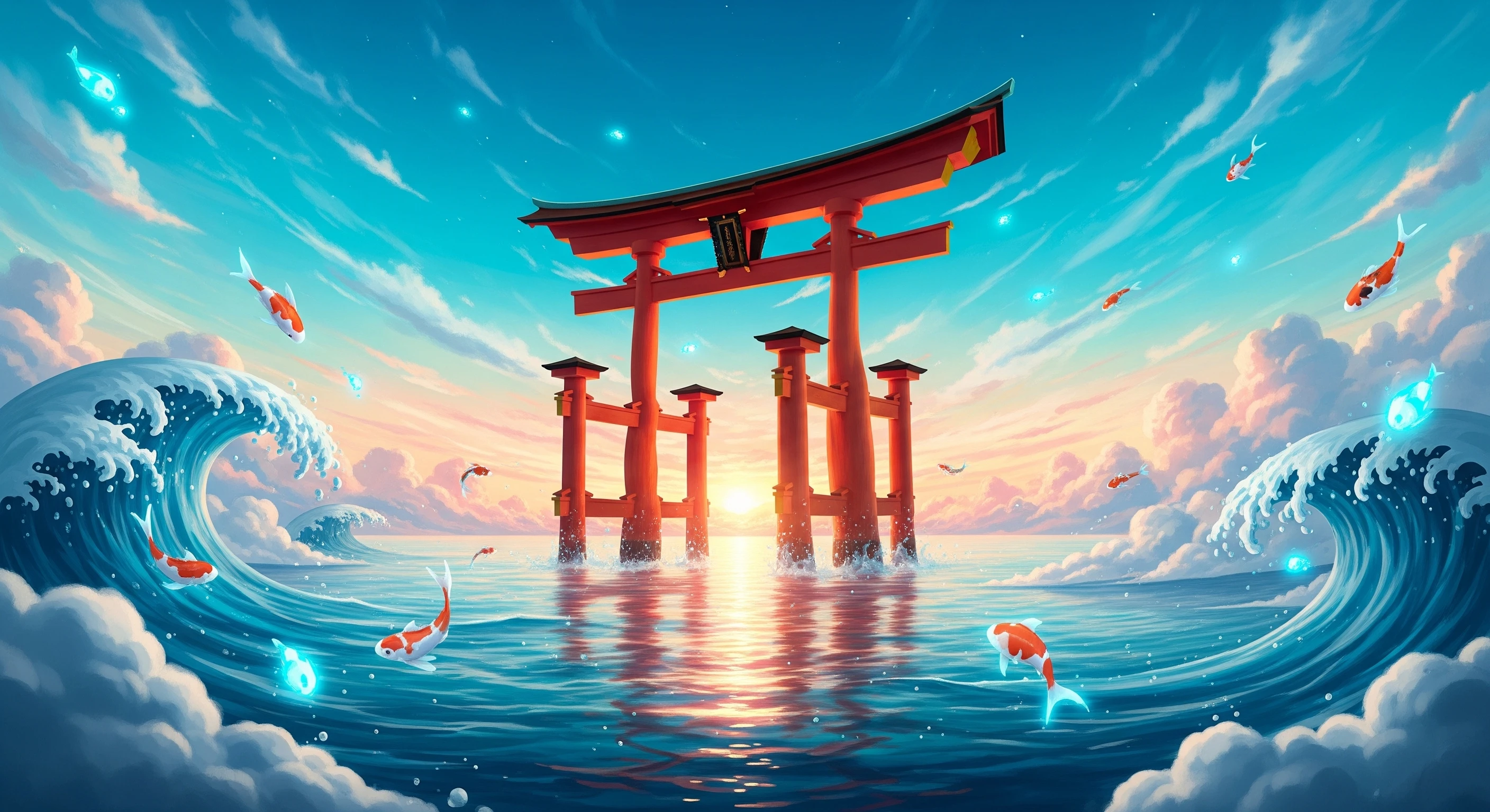 Floating Torii Gate with Koi in Azure Waters