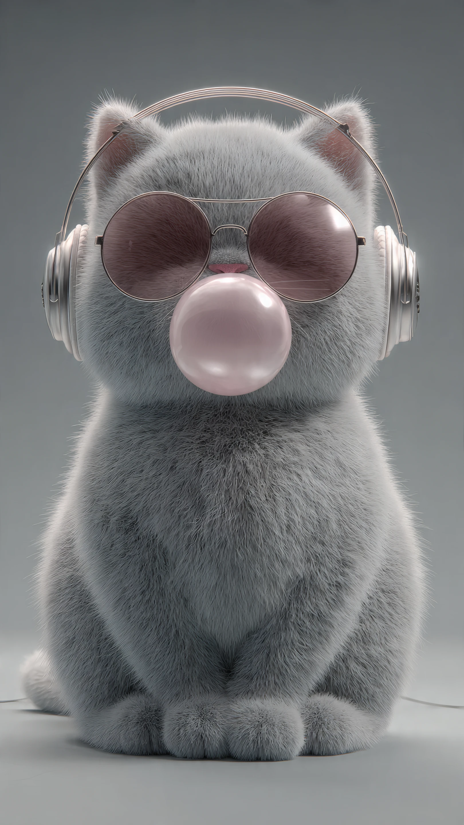 Fluffy Gray Cat with Bubblegum and Headphones