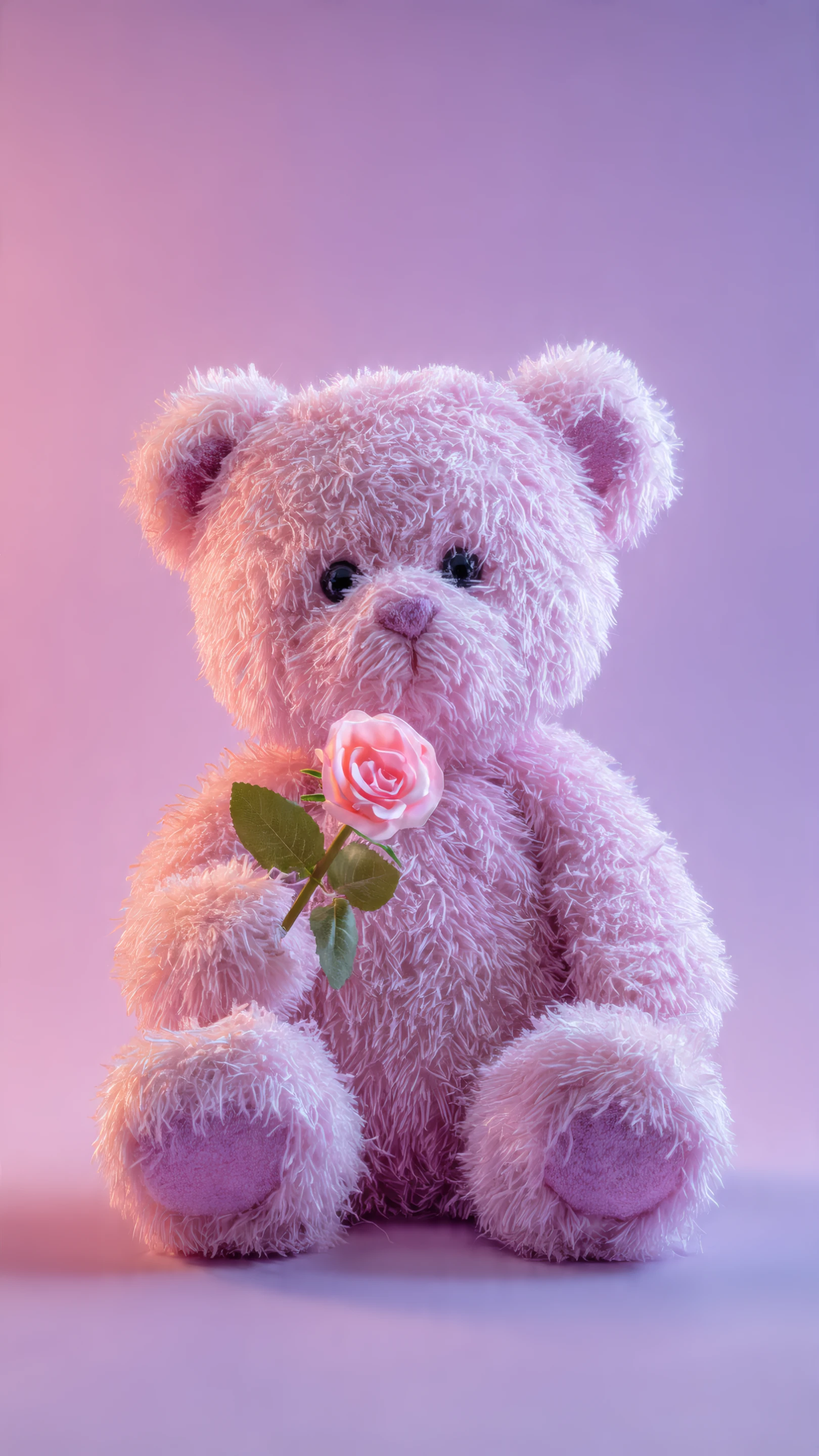 Fluffy Pink Teddy Bear Holding a Delicate Rose