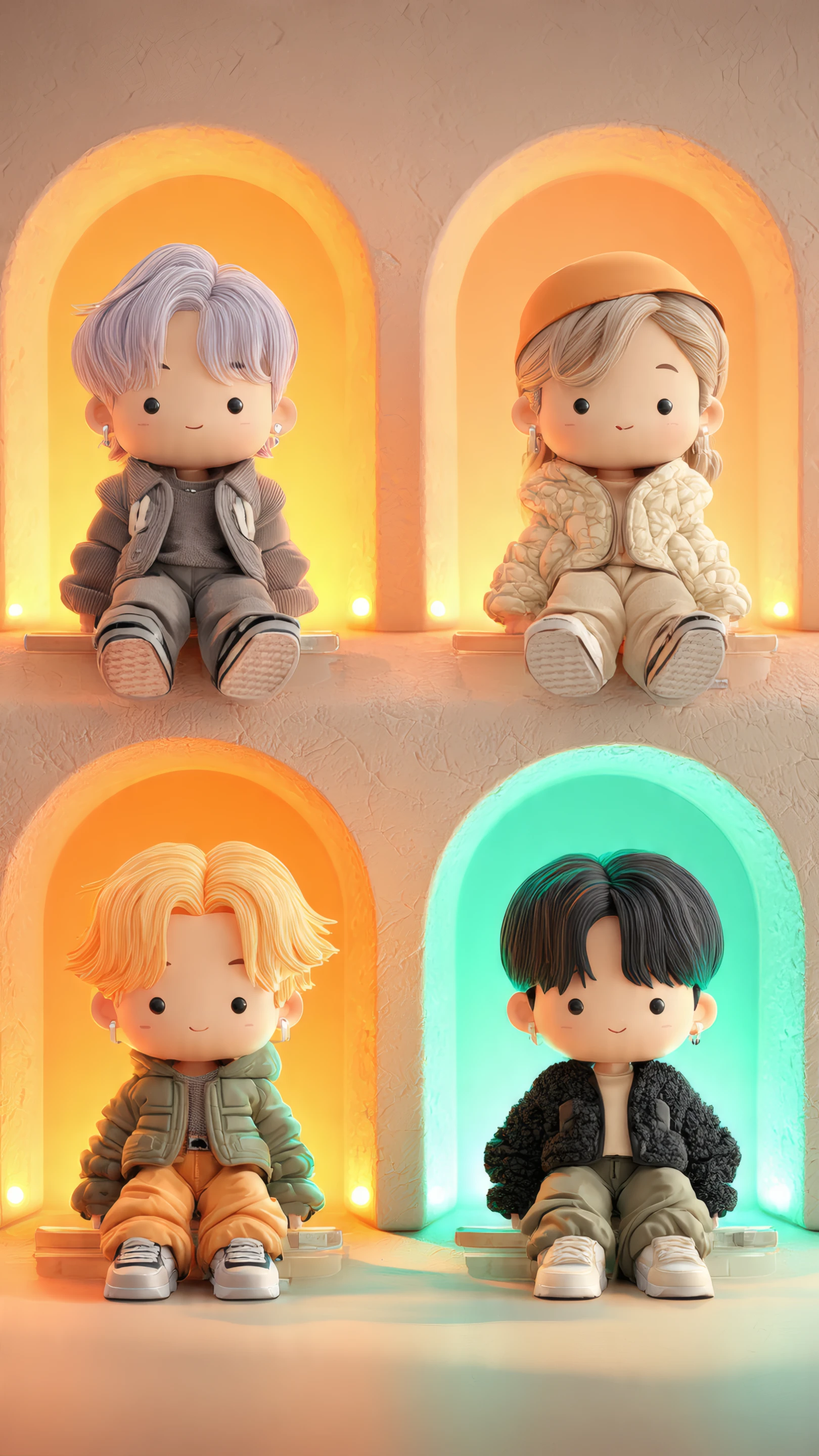 Four Adorable Chibi Dolls with Pastel Arched Niches