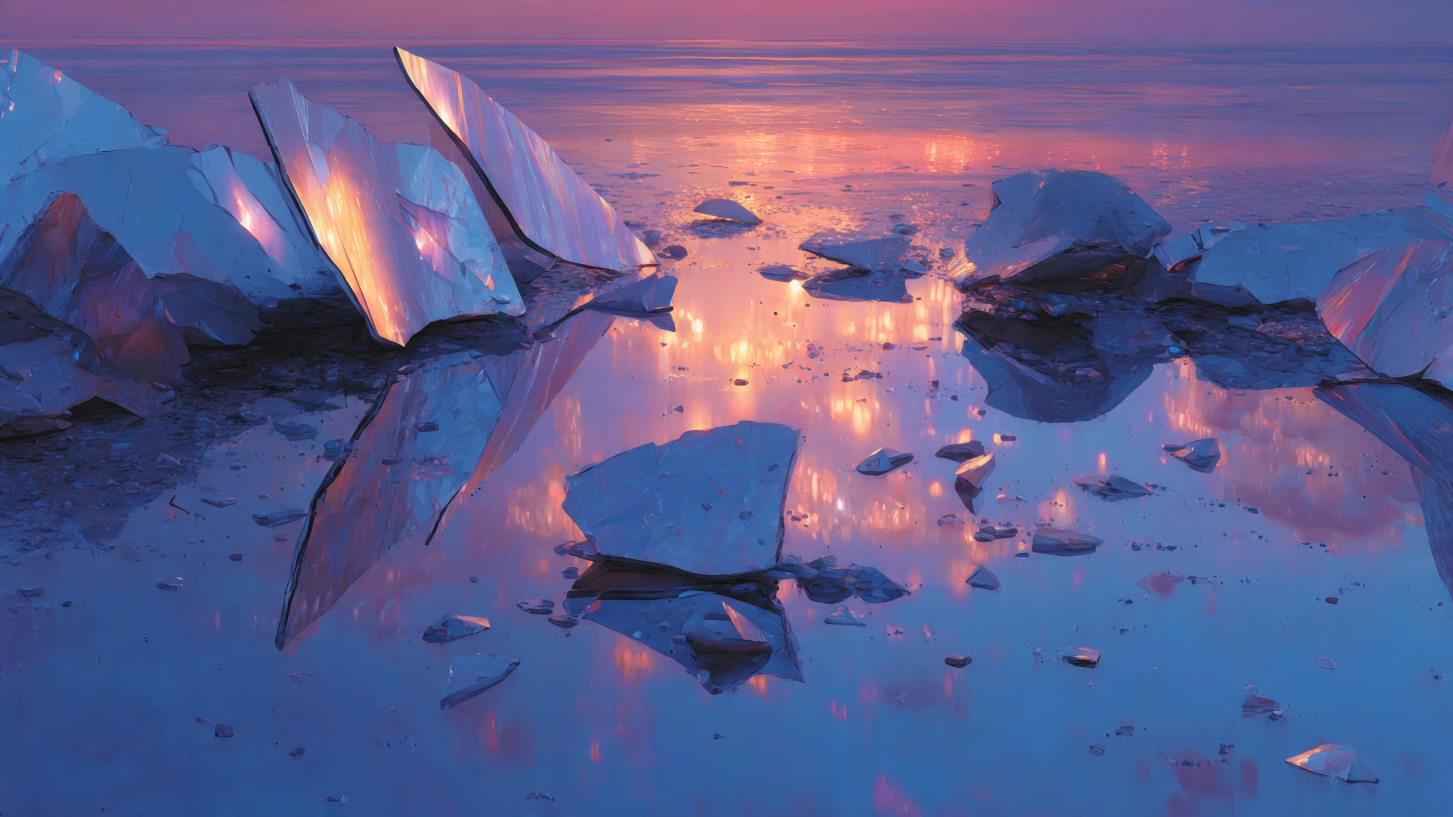 Fractured Ice Reflecting Sunset's Glow