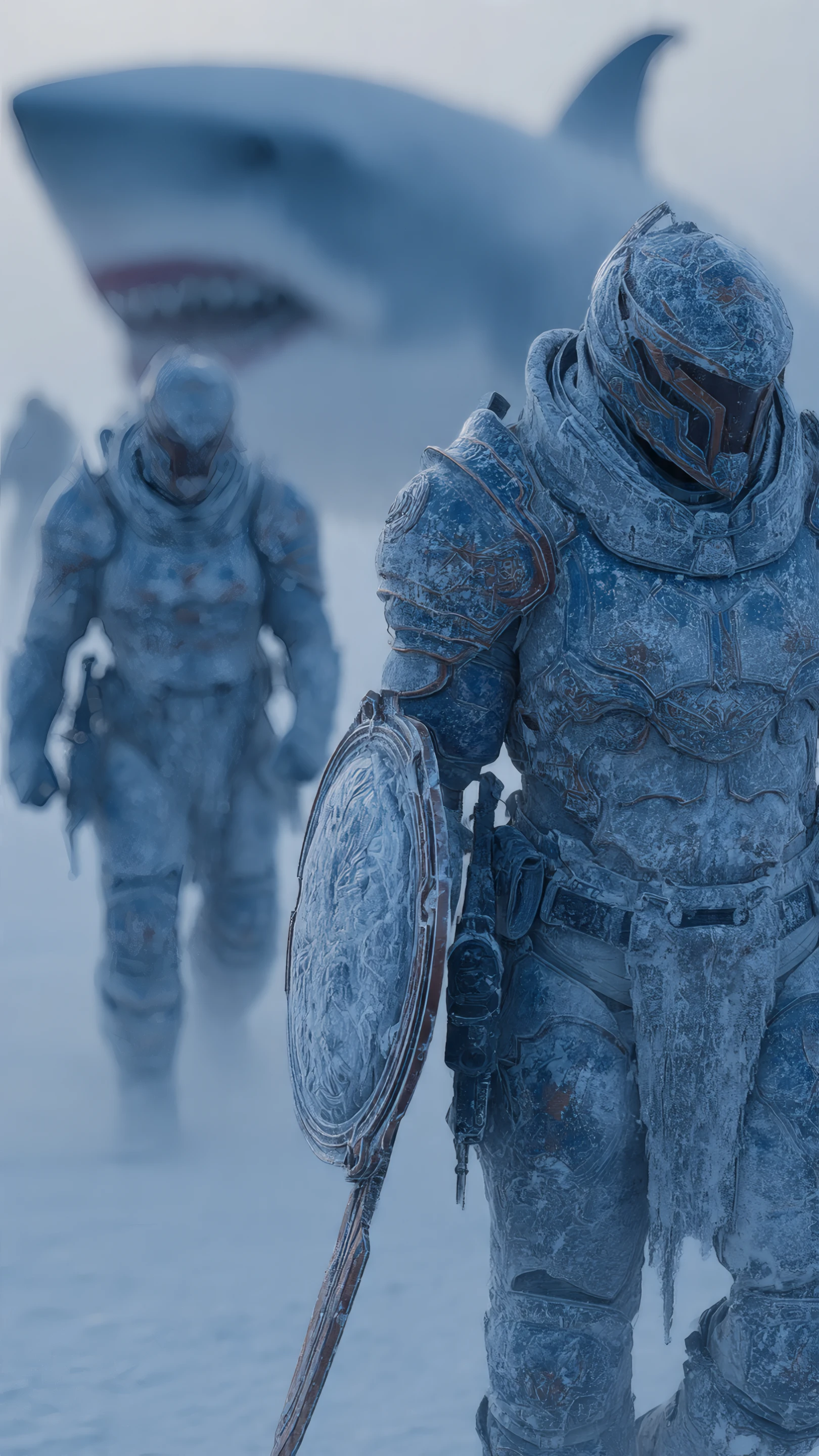Frozen Knights in Armor with Giant Shark Backdrop