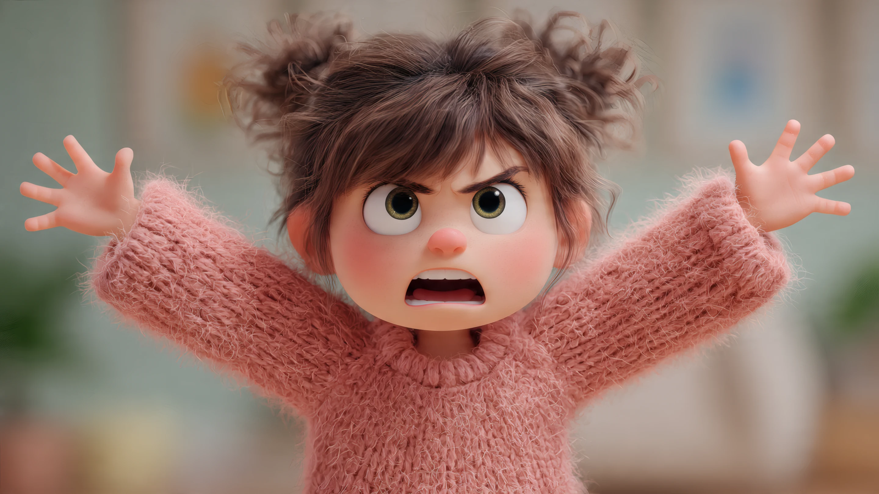 Furious Cartoon Girl with Fuzzy Pink Sweater Illustration