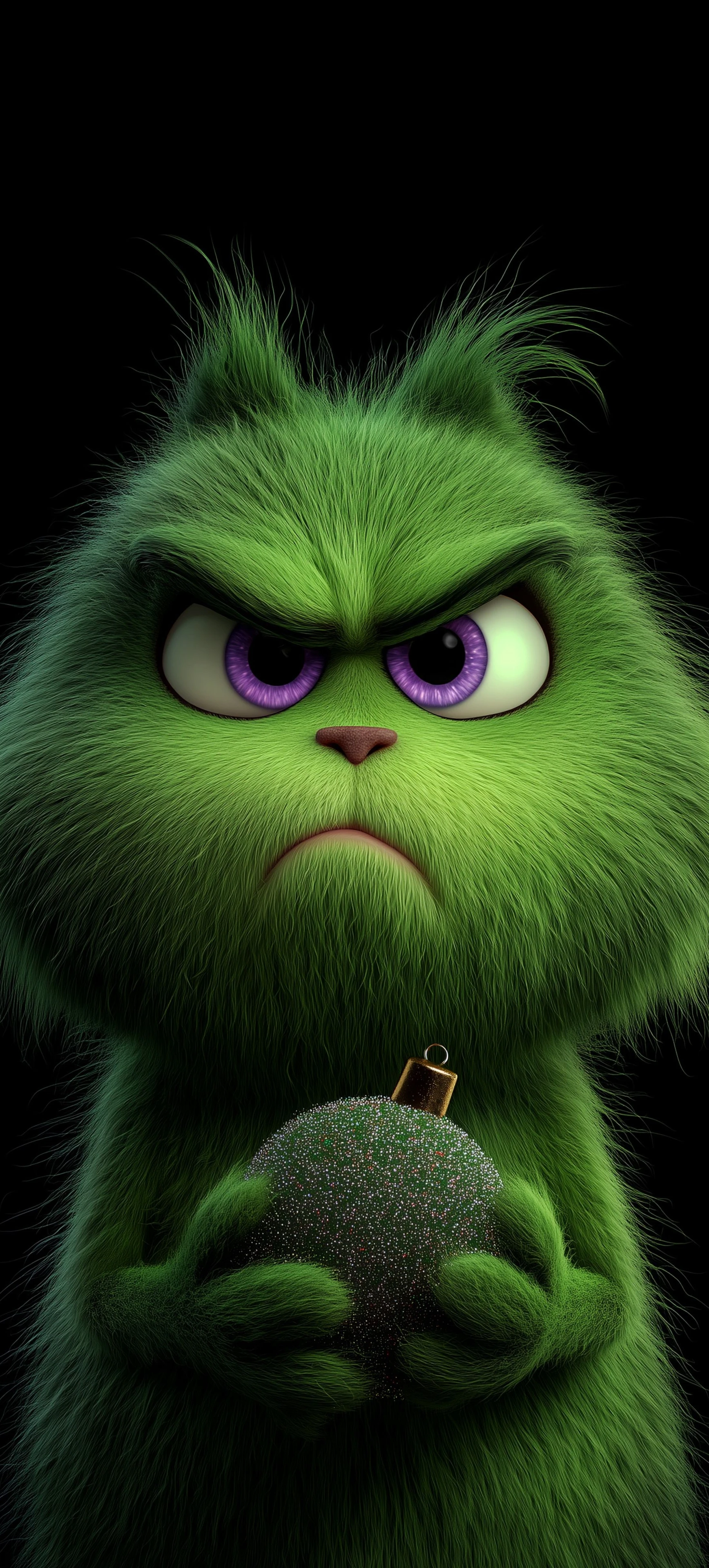 Furry Green Grump with Purple Eyes Holding Ornament