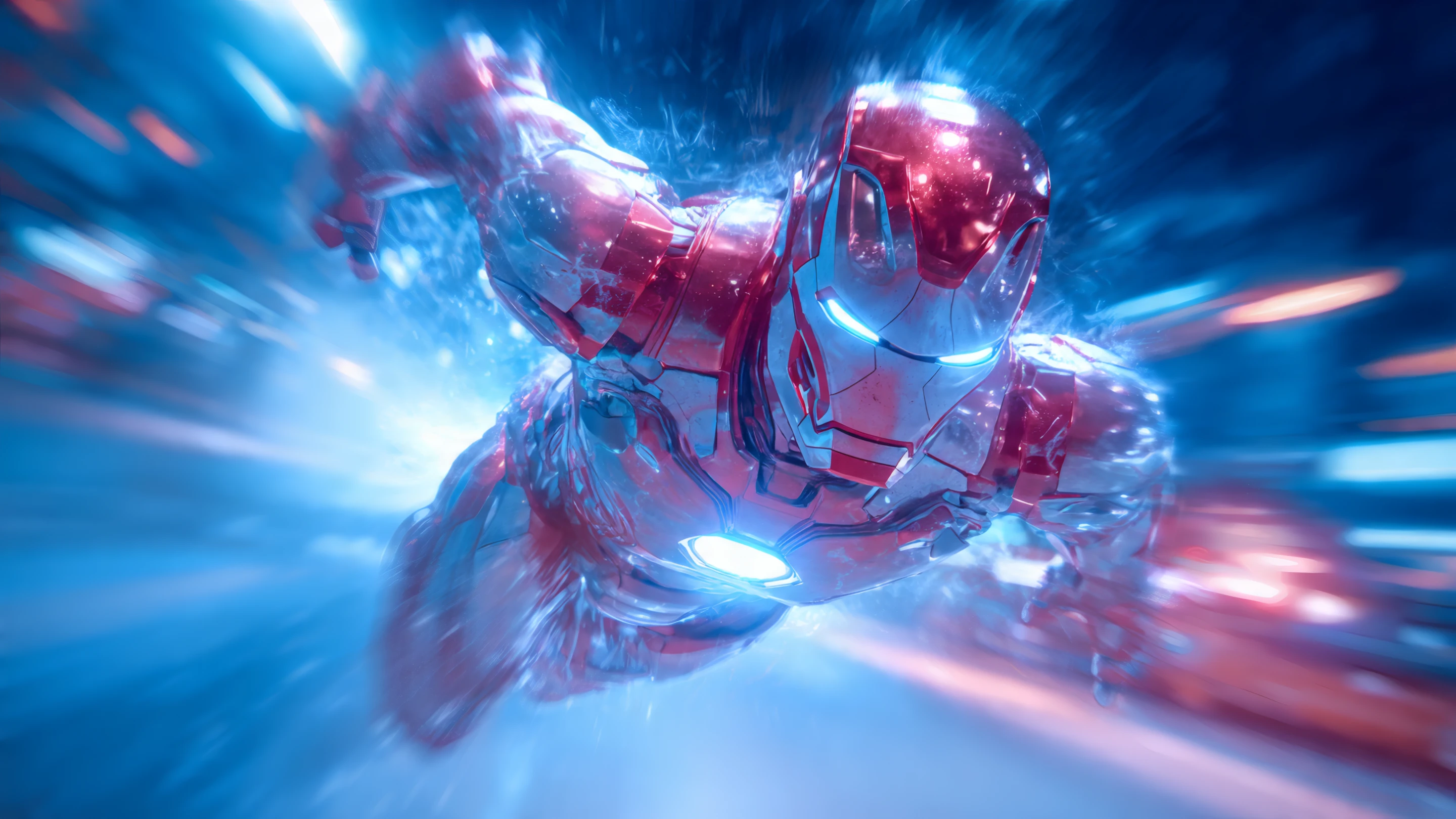 Futuristic Armored Hero in Motion with Blue Energy