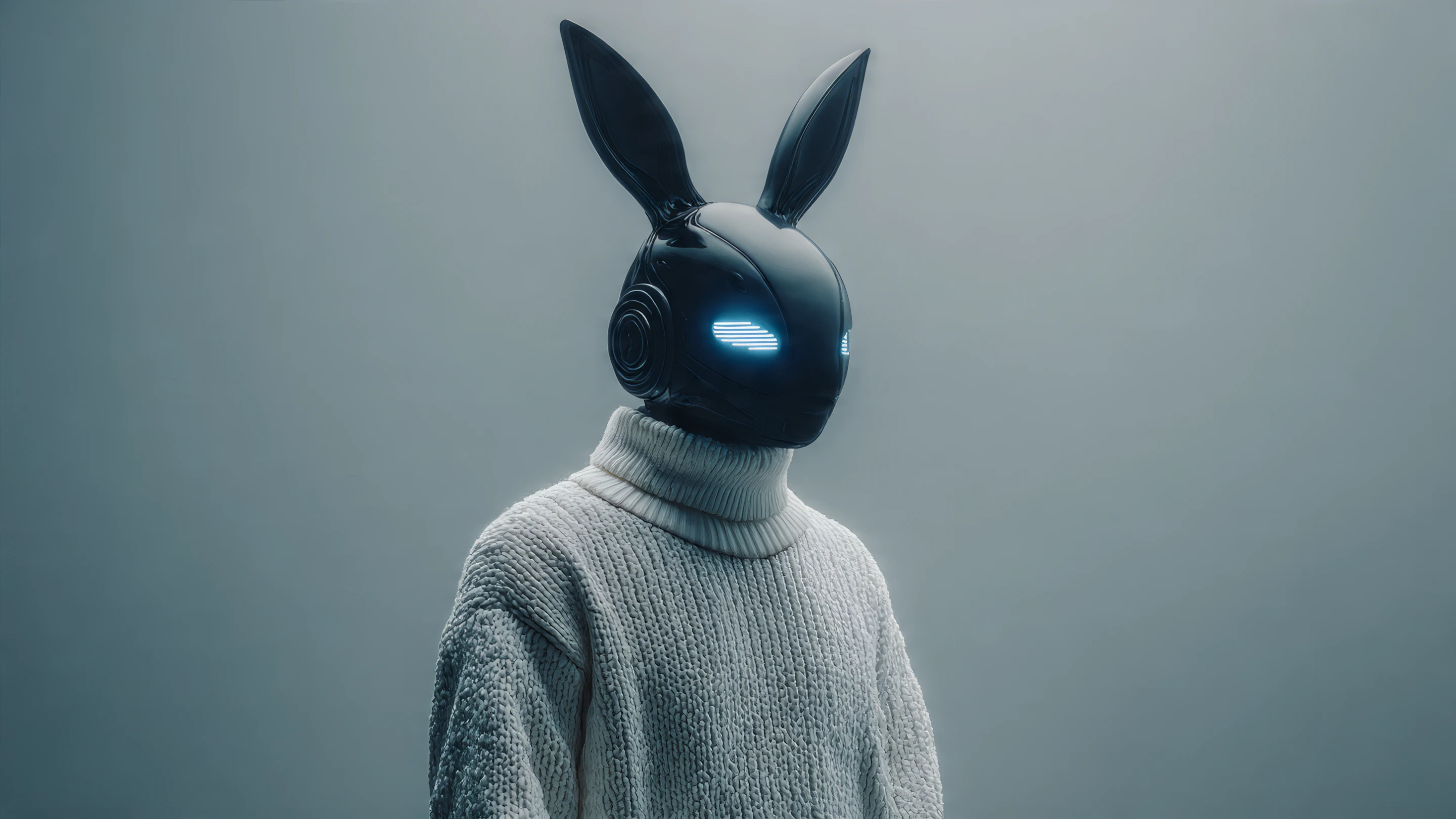 Futuristic Rabbit Robot with Glowing Blue Eyes