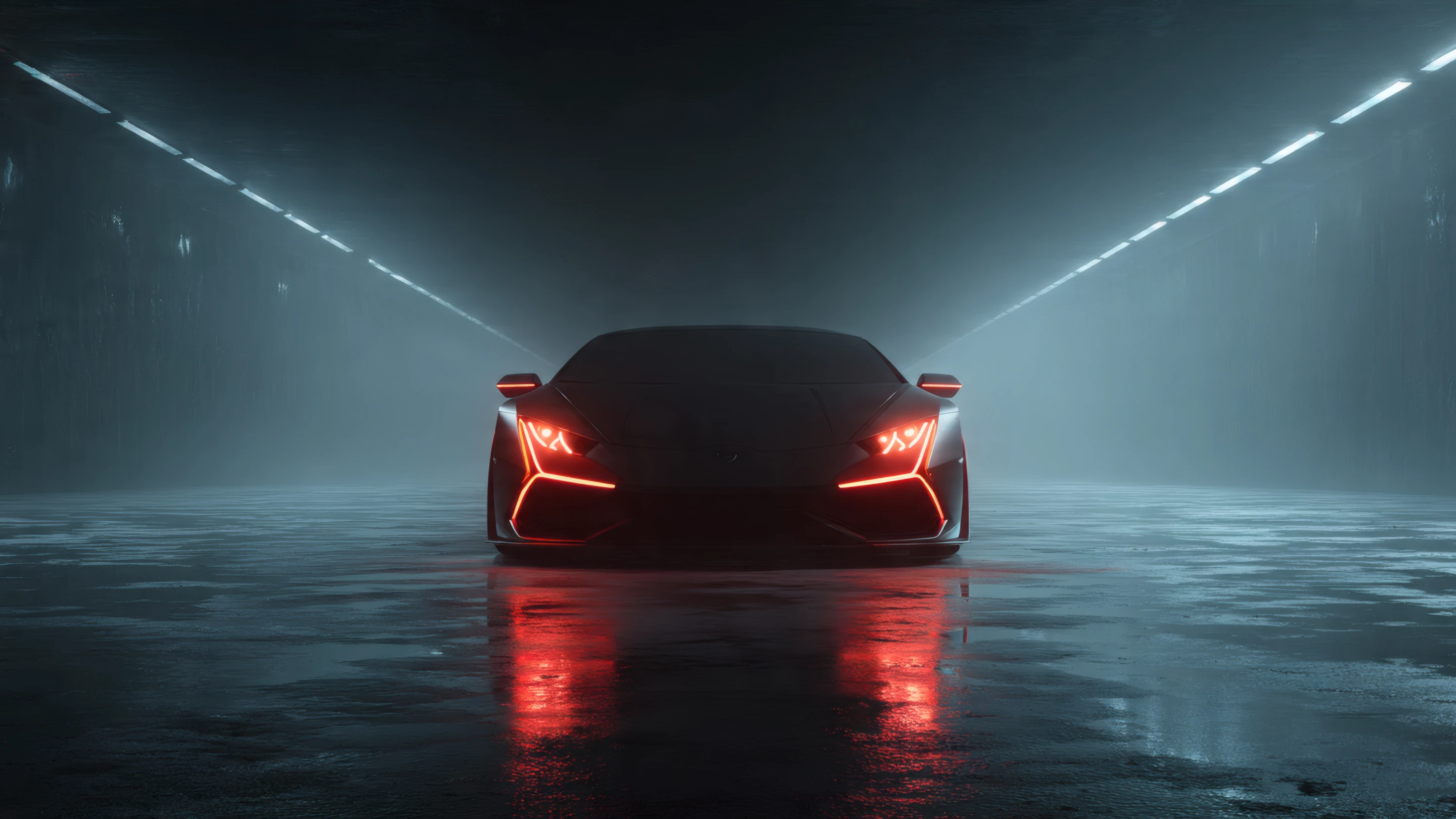 Futuristic Sports Car with Red Lights in Tunnel