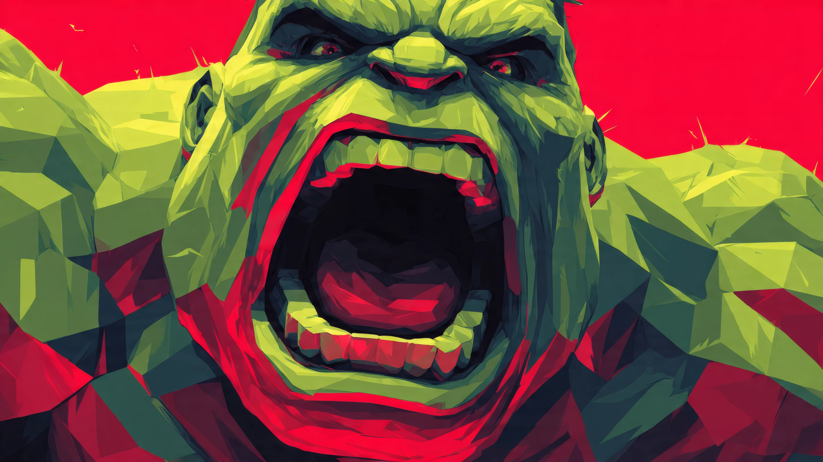 Geometric Angry Green Giant on Red Background