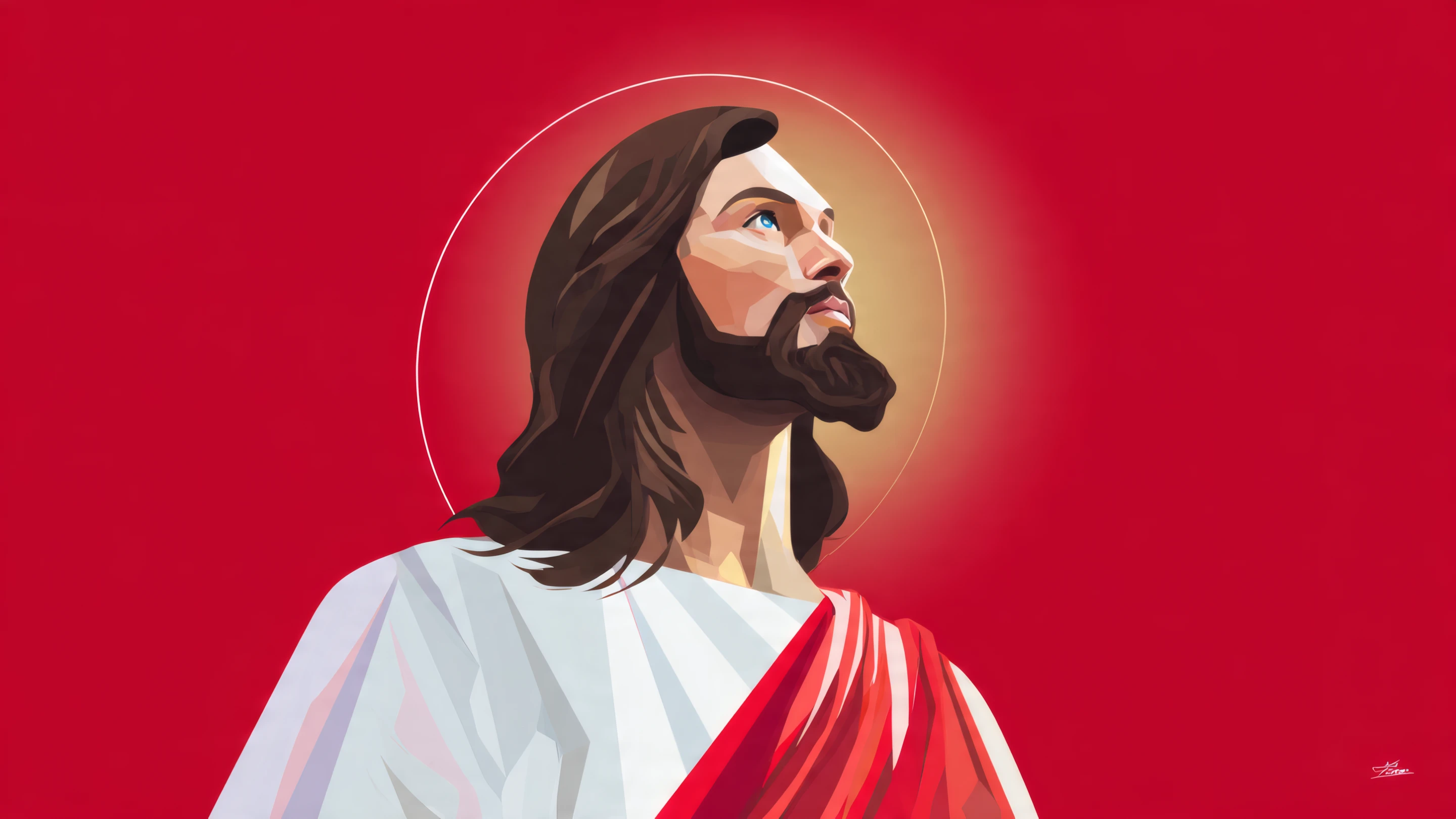Geometric Portrait of Jesus Christ on Red Background
