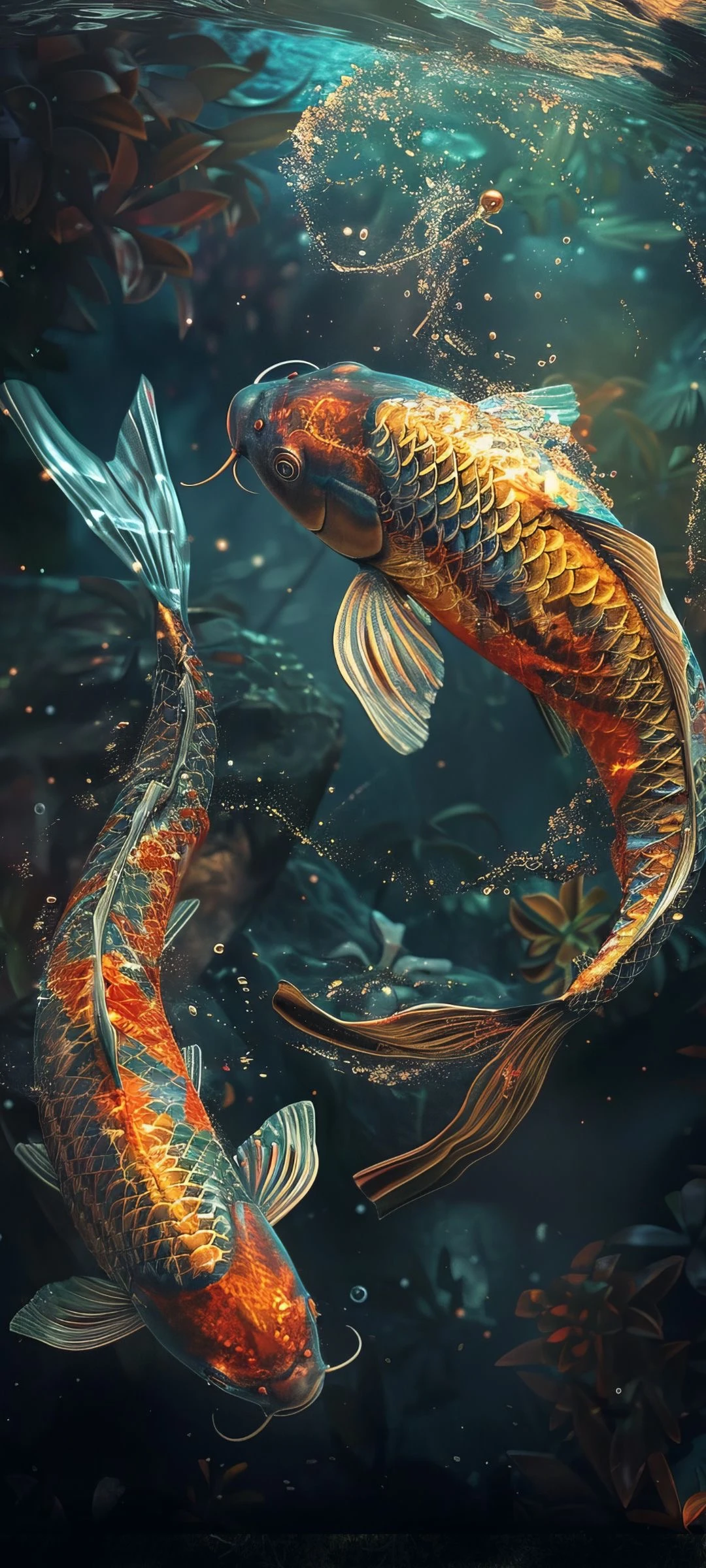 Gilded Koi Dance in Teal Depths