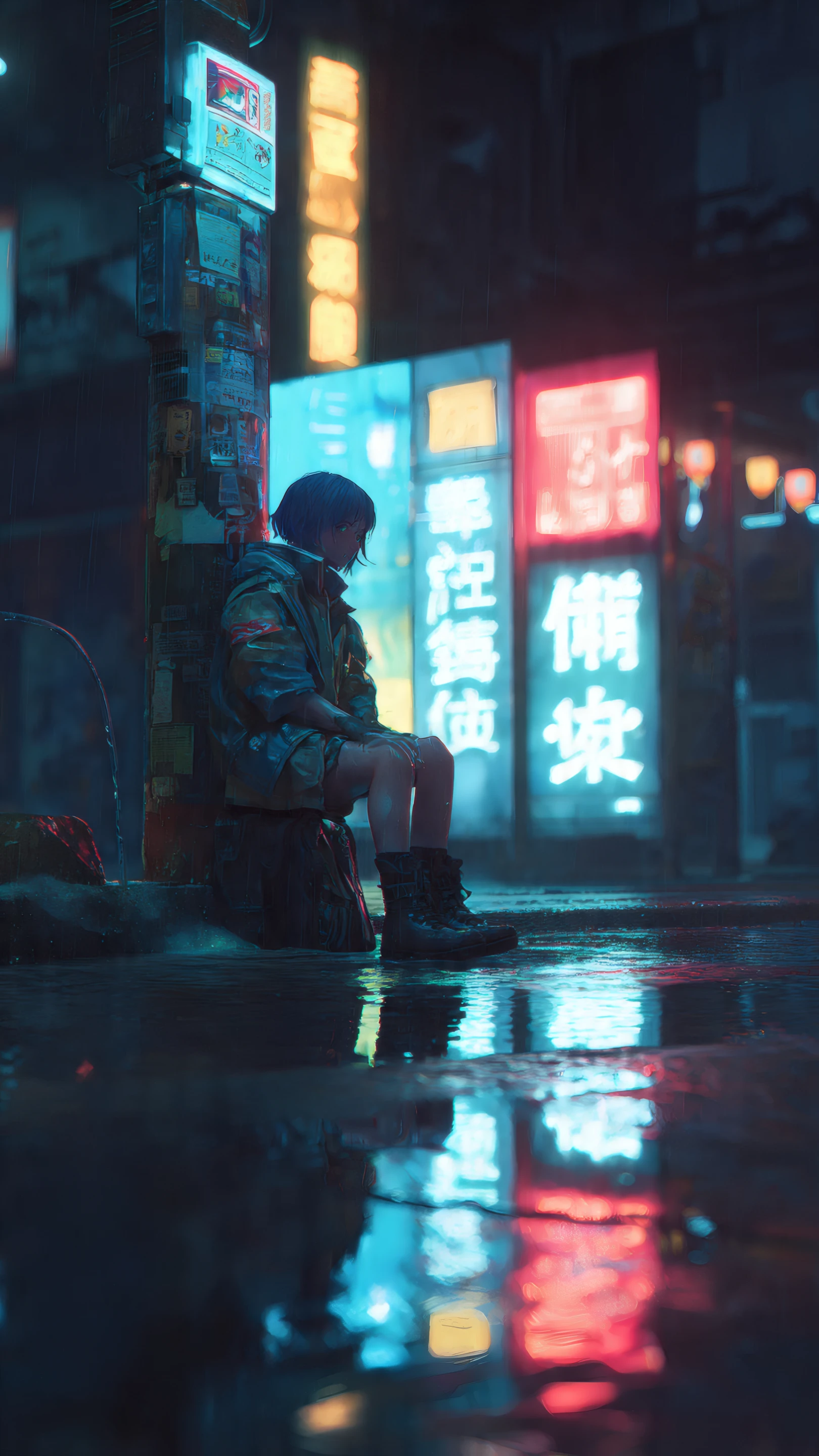 Girl in Boots Sits in Rainy Cityscape with Neon Lights