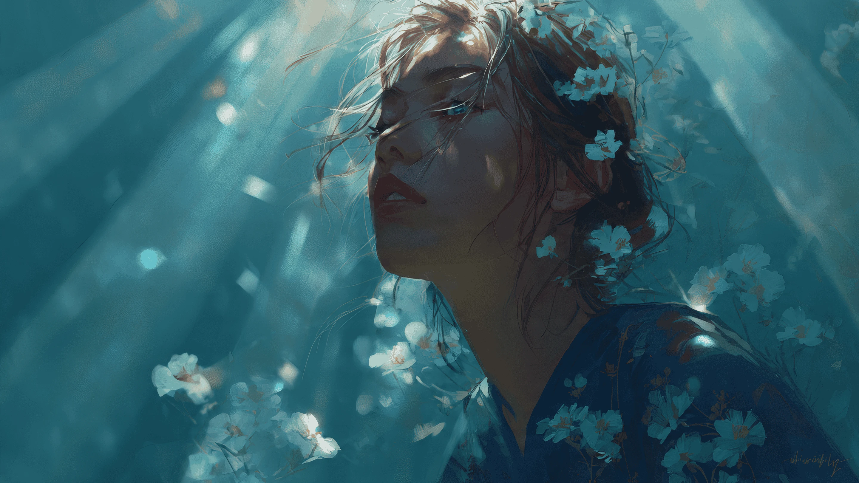 Girl in Floral Dress Bathed in Teal Light