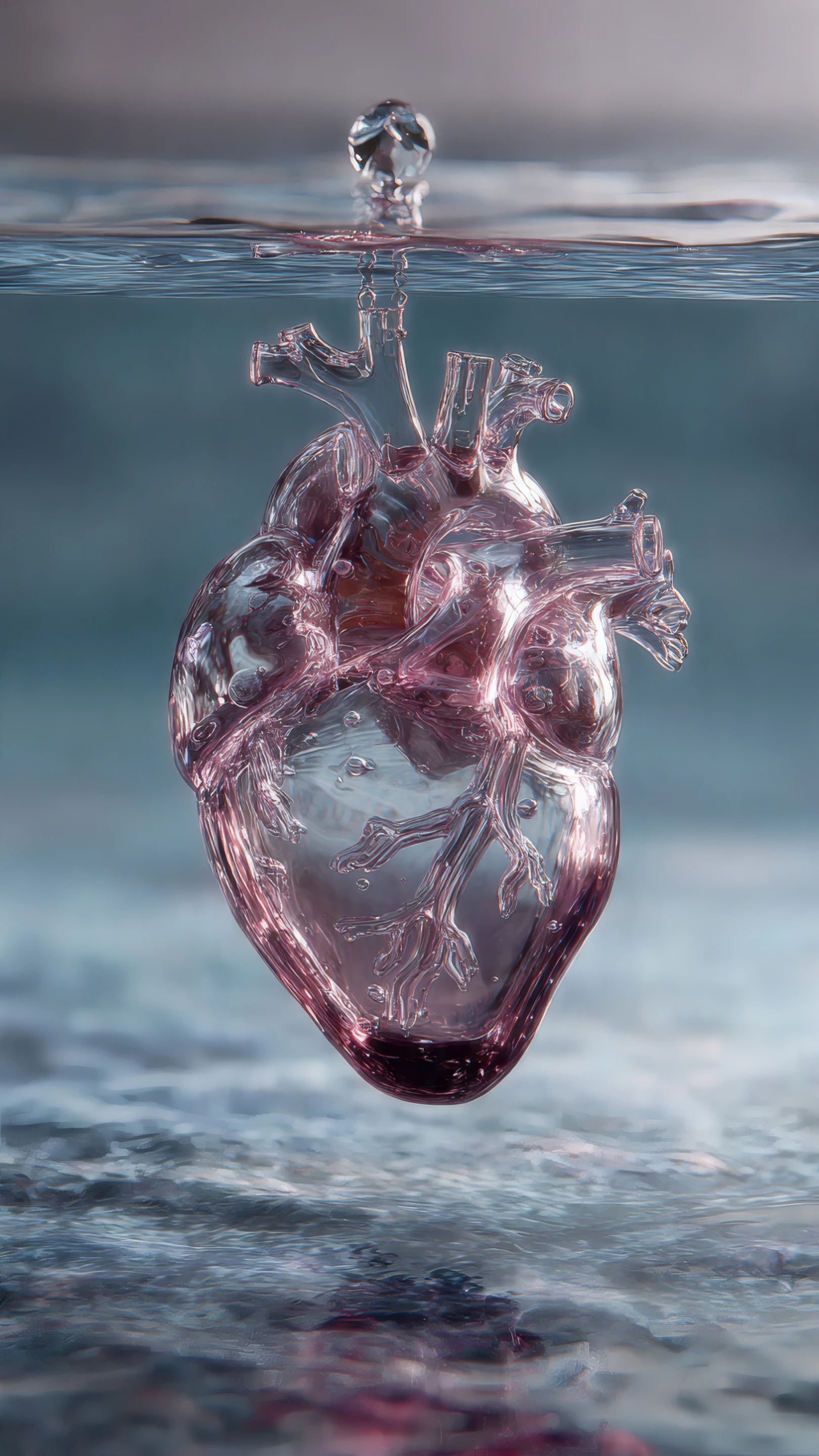 Glass Heart Sculpture Suspended in Water Artistic Design